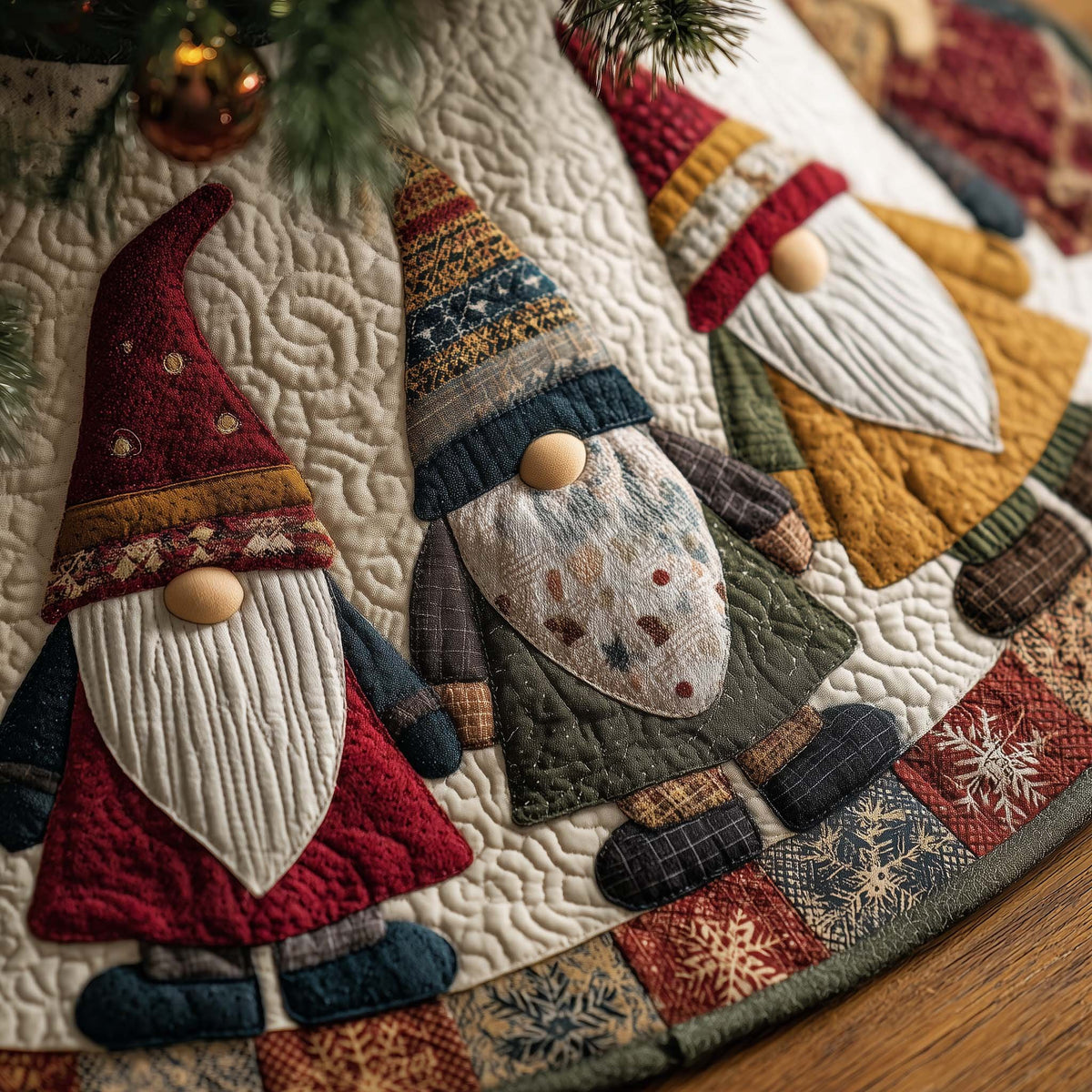 Gnomes in Mustard and Red Patchwork Robes Christmas Tree Skirt