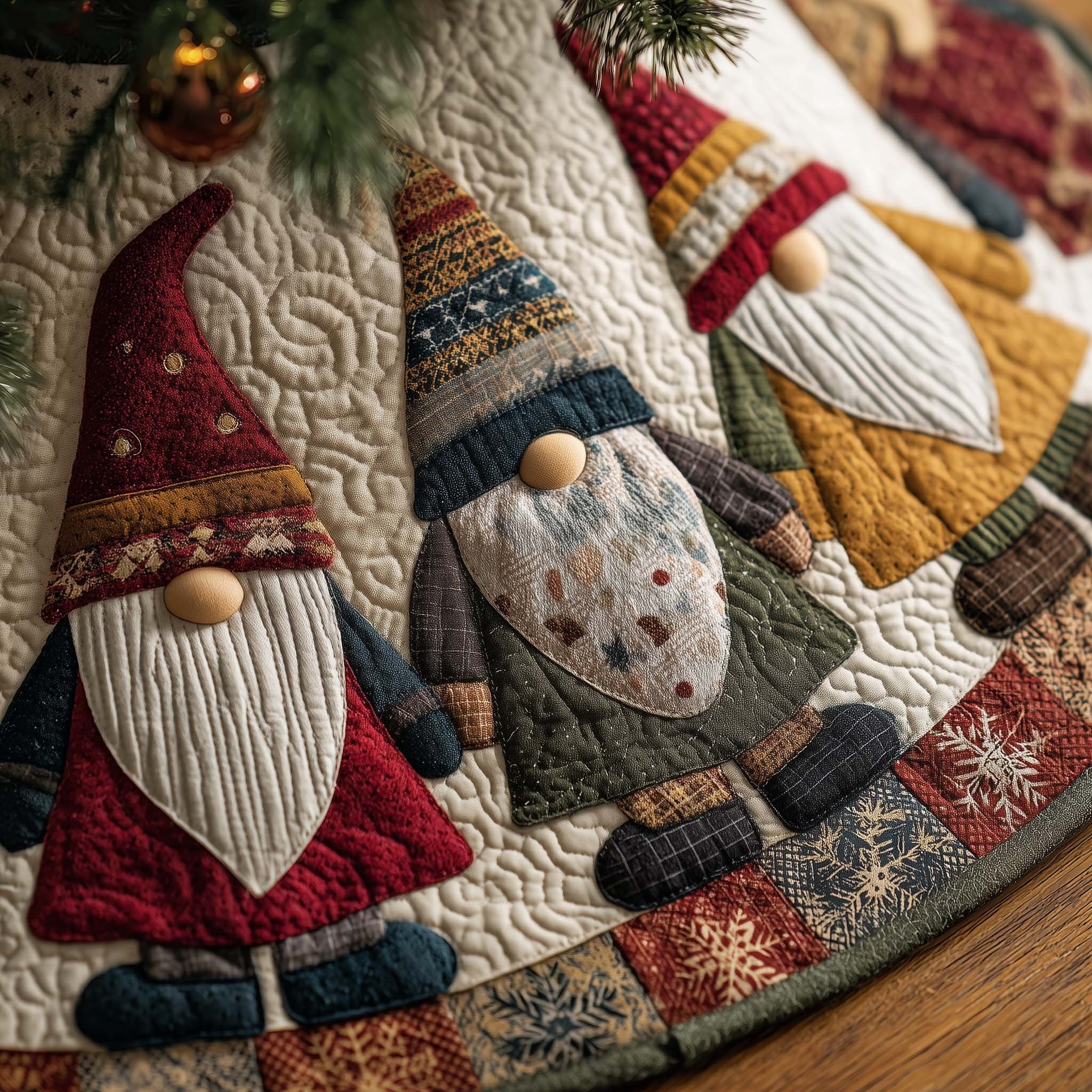 Gnomes in Mustard and Red Patchwork Robes Christmas Tree Skirt