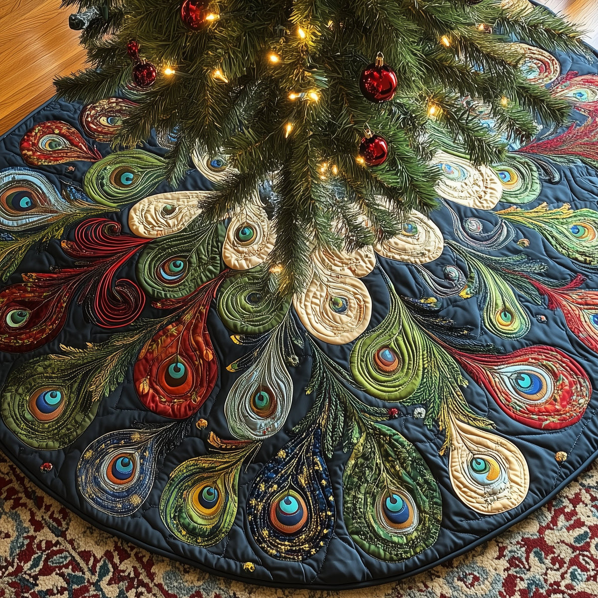 Peacock Feathers on Dark with Ruby Accents Christmas Tree Skirt