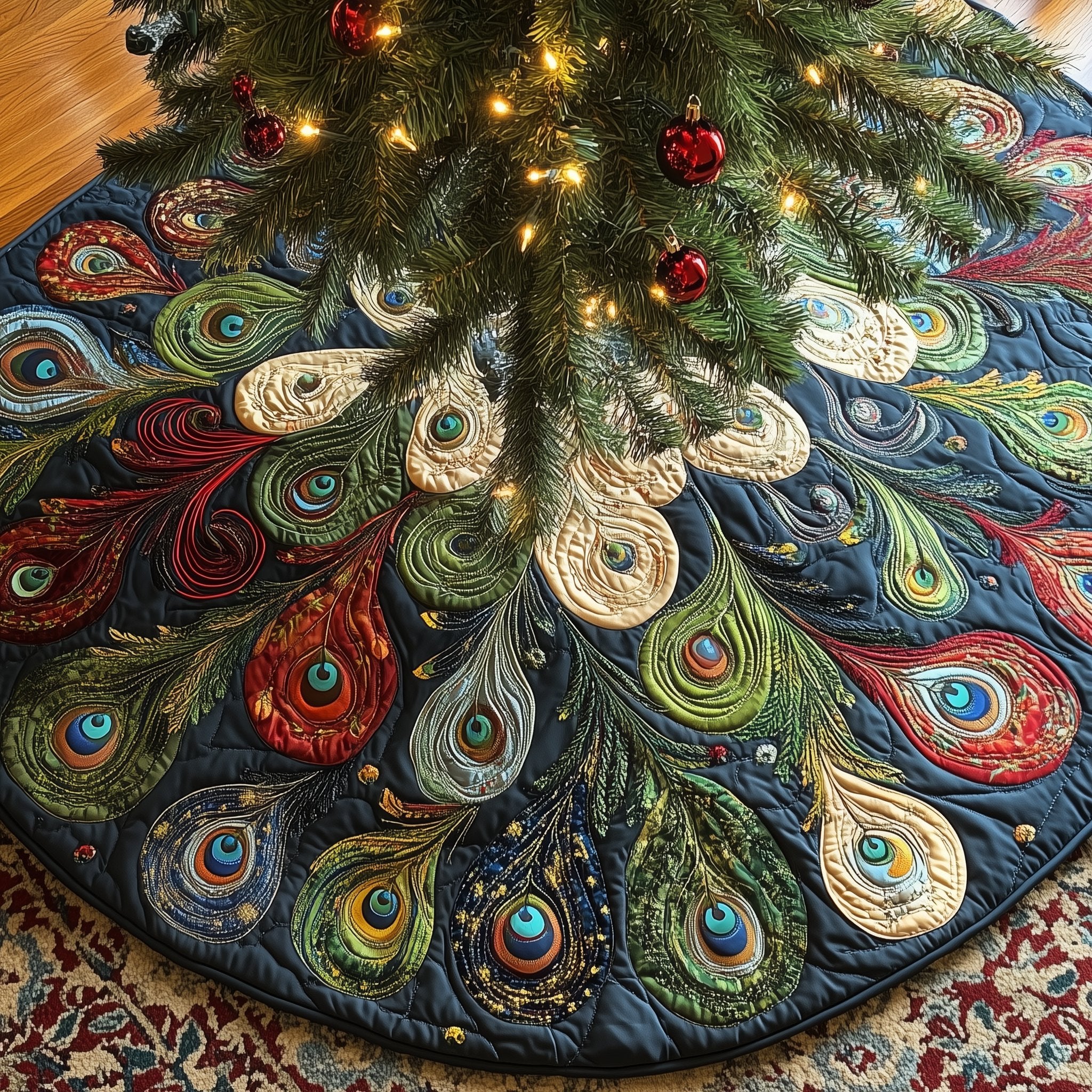 Peacock Feathers on Dark with Ruby Accents Christmas Tree Skirt