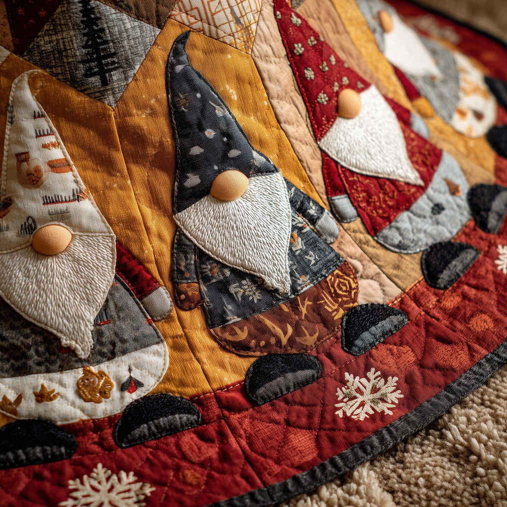 Gnomes in Grey and Gold Winter Coats Christmas Tree Skirt