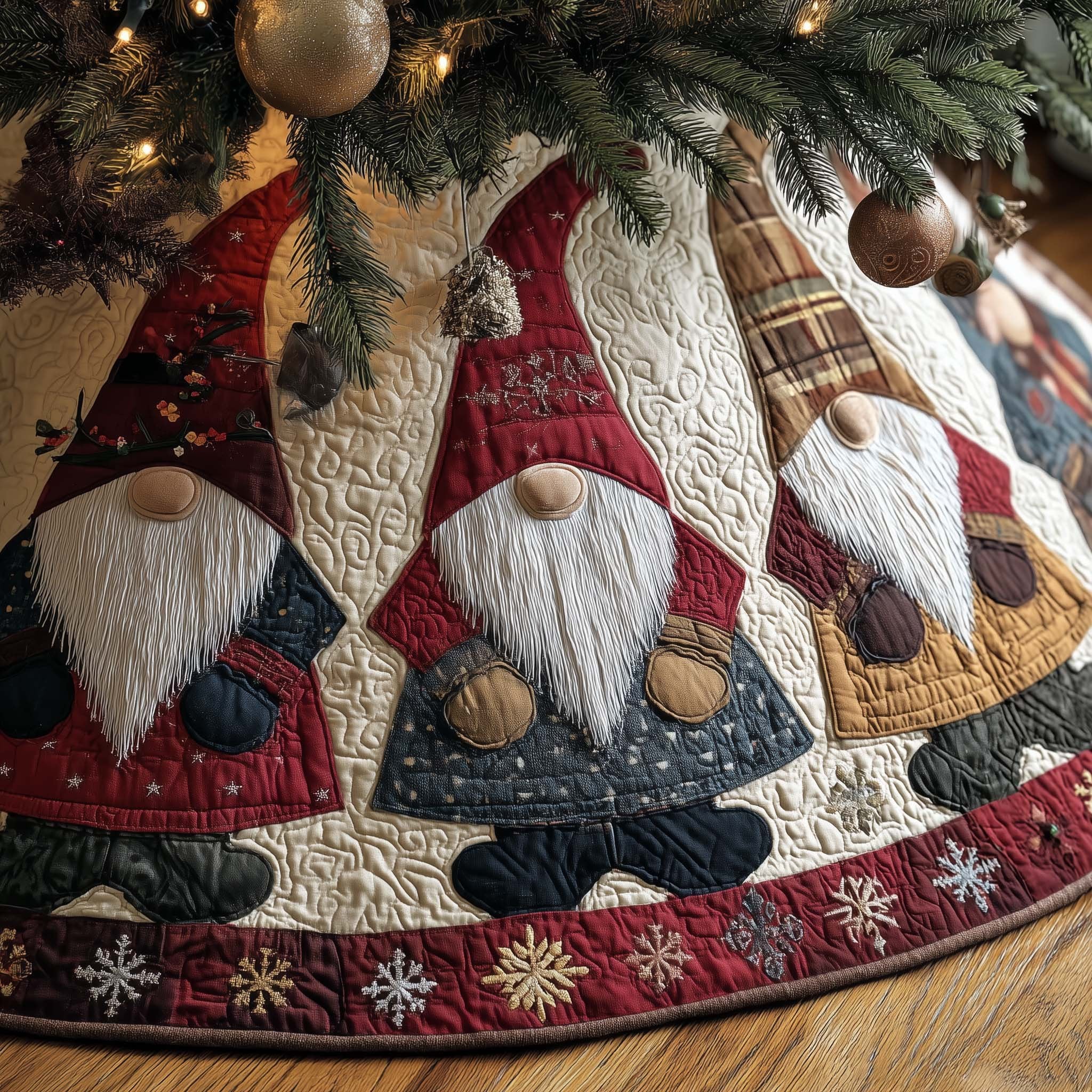 Three Gnomes on the Snowflake Border Christmas Tree Skirt