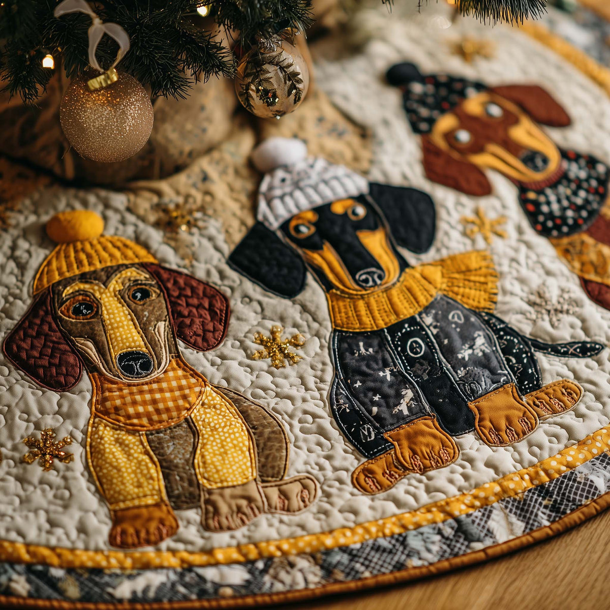 Sausage Dogs in Knitted Hats Christmas Tree Skirt