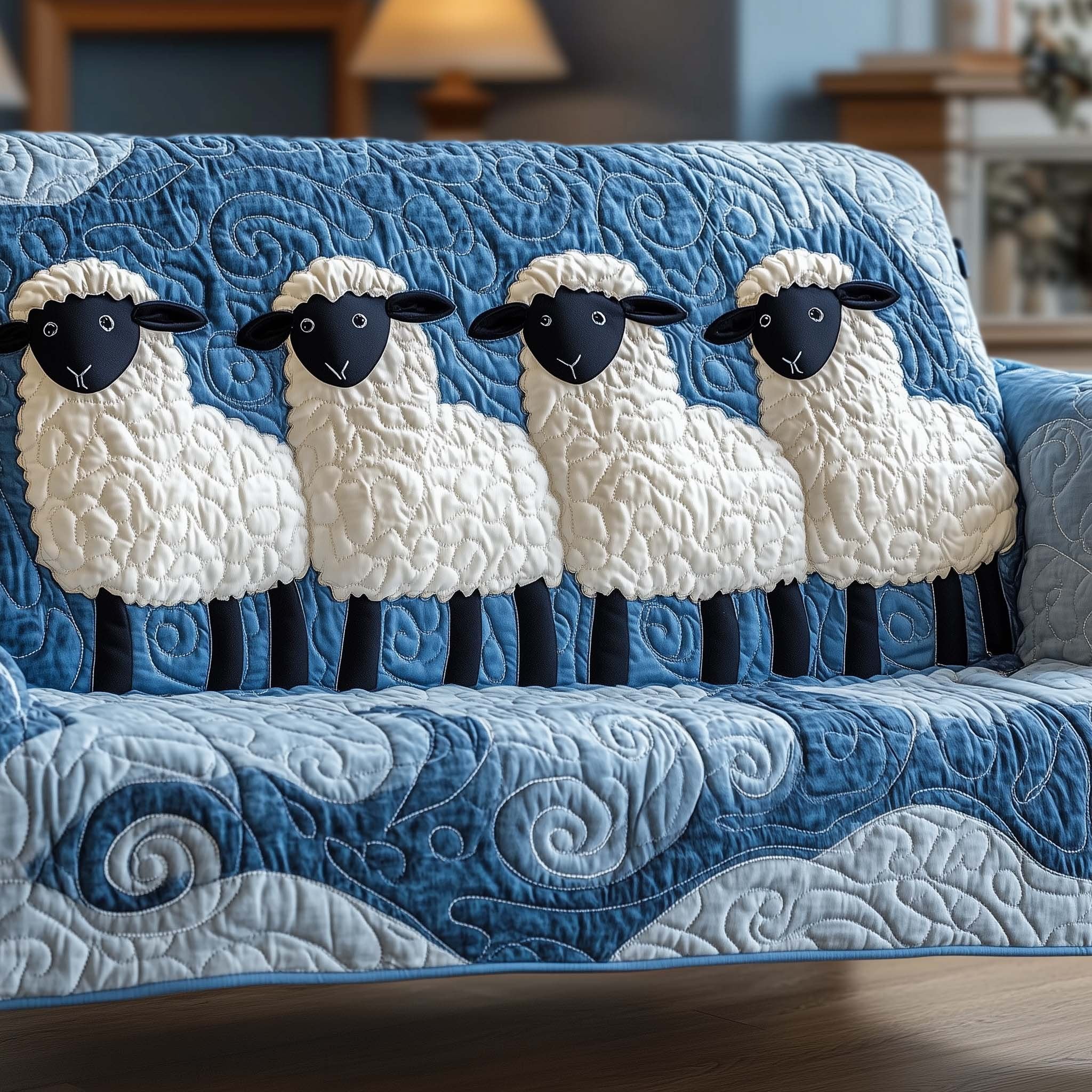 White Sheep on the Blue Swirl Quilt Sofa Cover