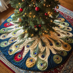 Peacock Feathers in Cream and Green Christmas Tree Skirt