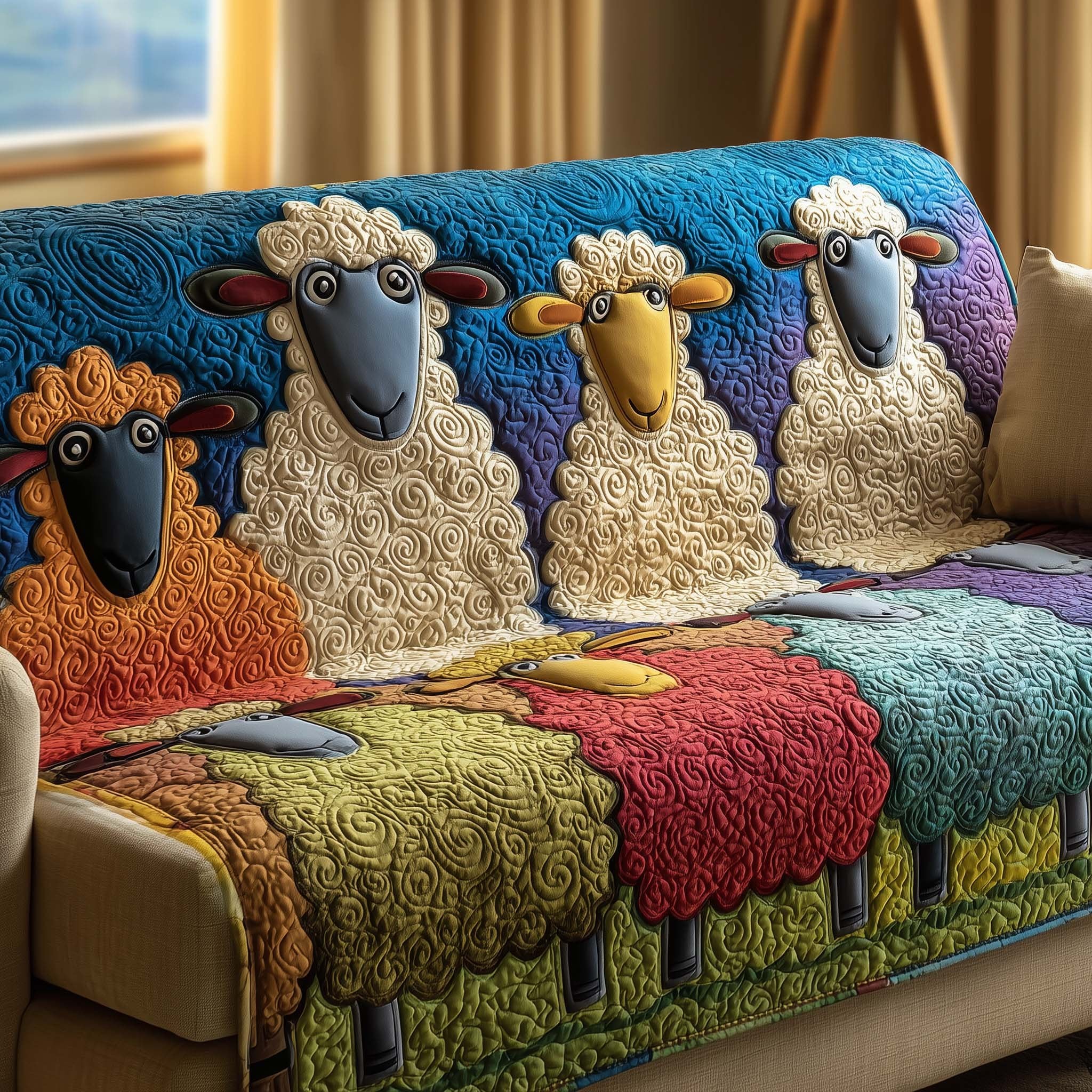 Sheep Above Warm Red and Olive Swirls Sofa Cover