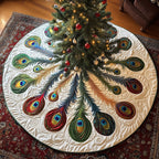 Peacock Feathers on White with Red Eyes Christmas Tree Skirt