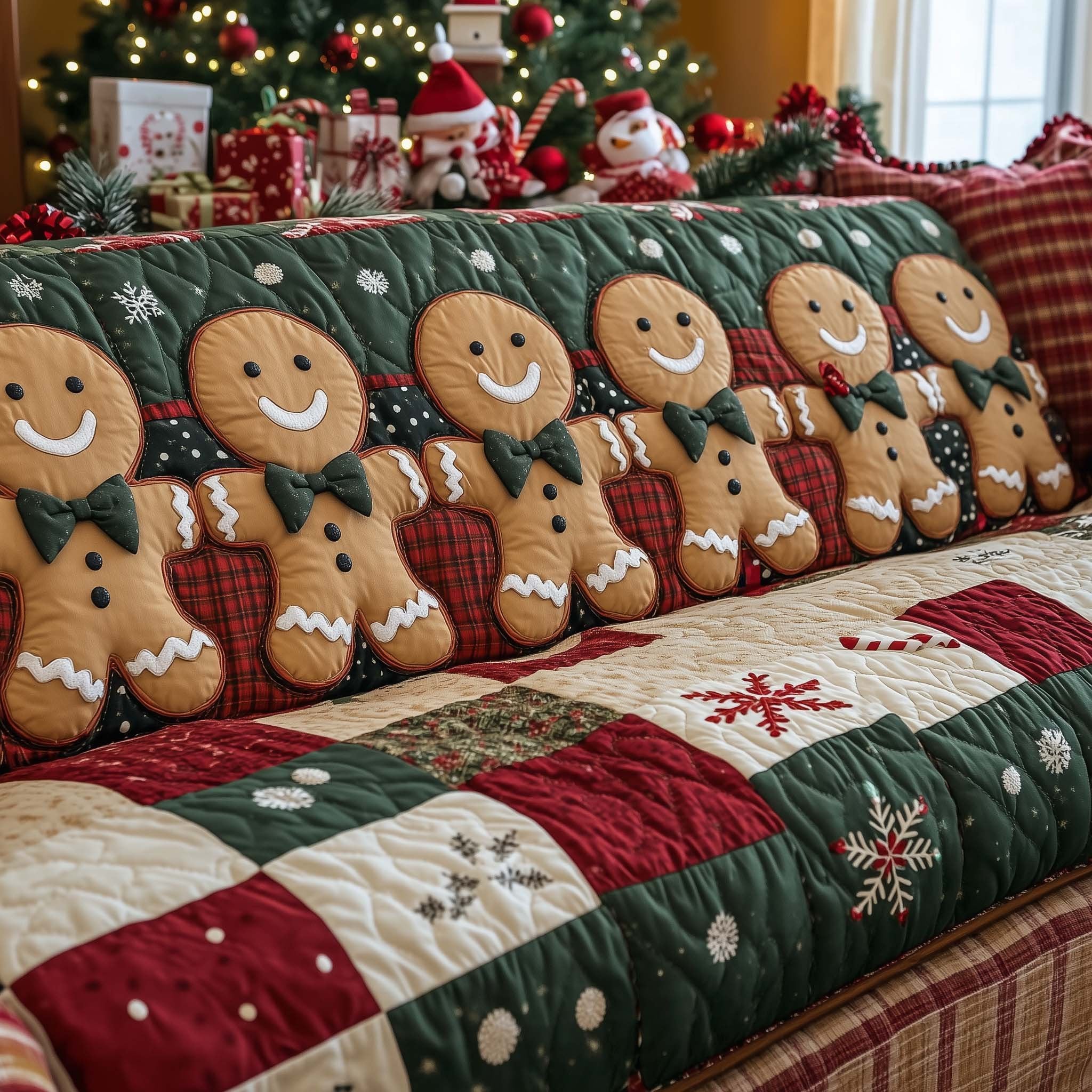 Gingerbread Men on Green and Red Plaid Sofa Cover