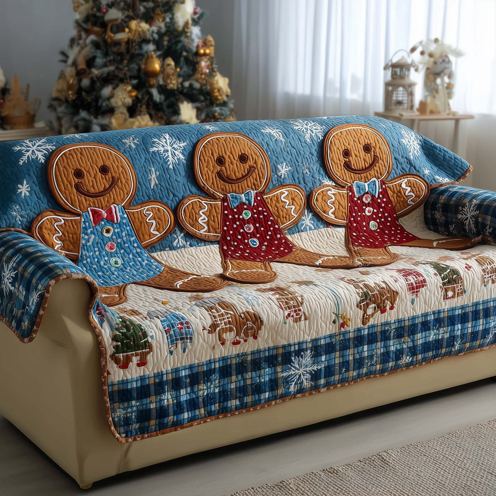 Gingerbread Couple on Blue and Cream Sofa Cover