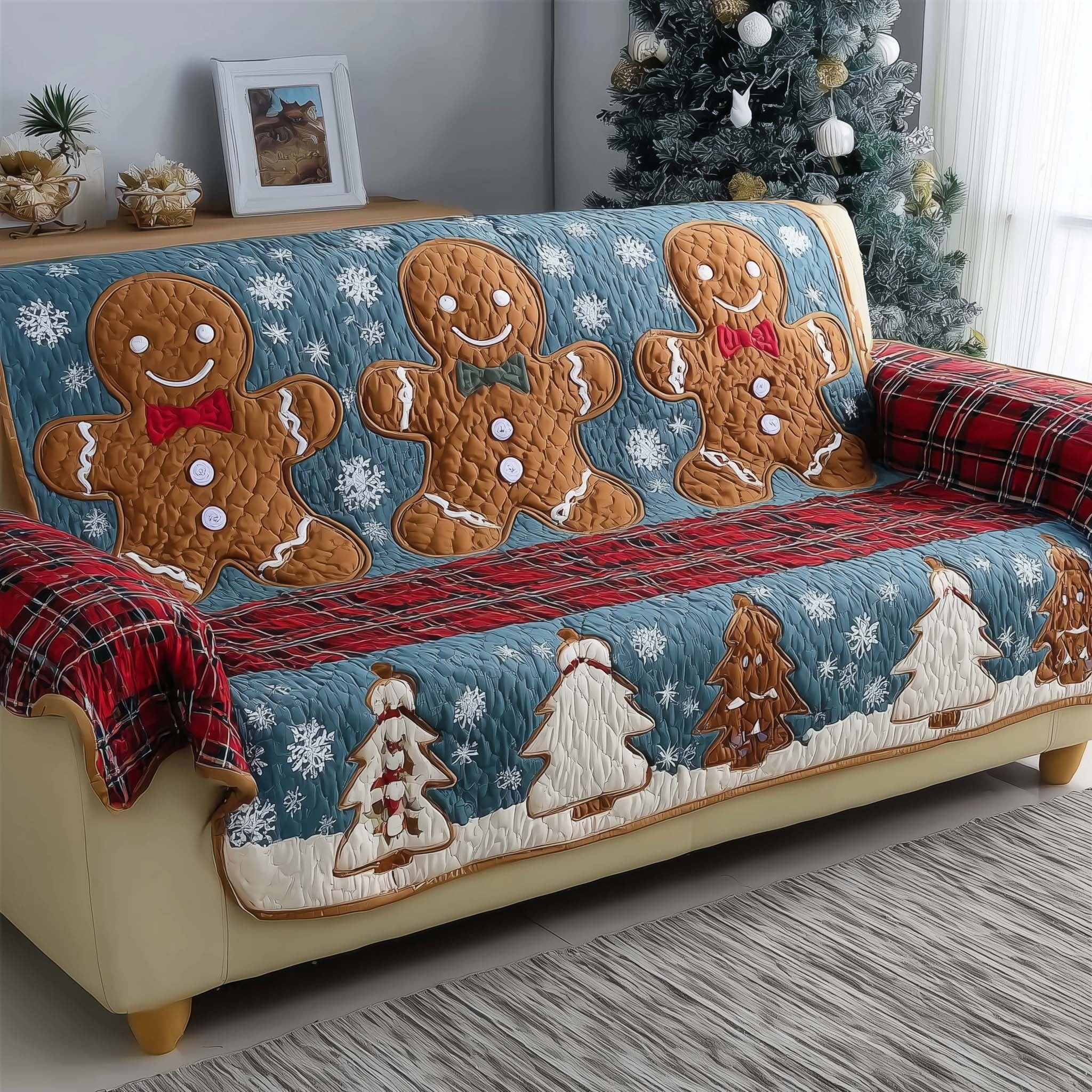 Gingerbread Men Above the Snowy Trees Sofa Cover