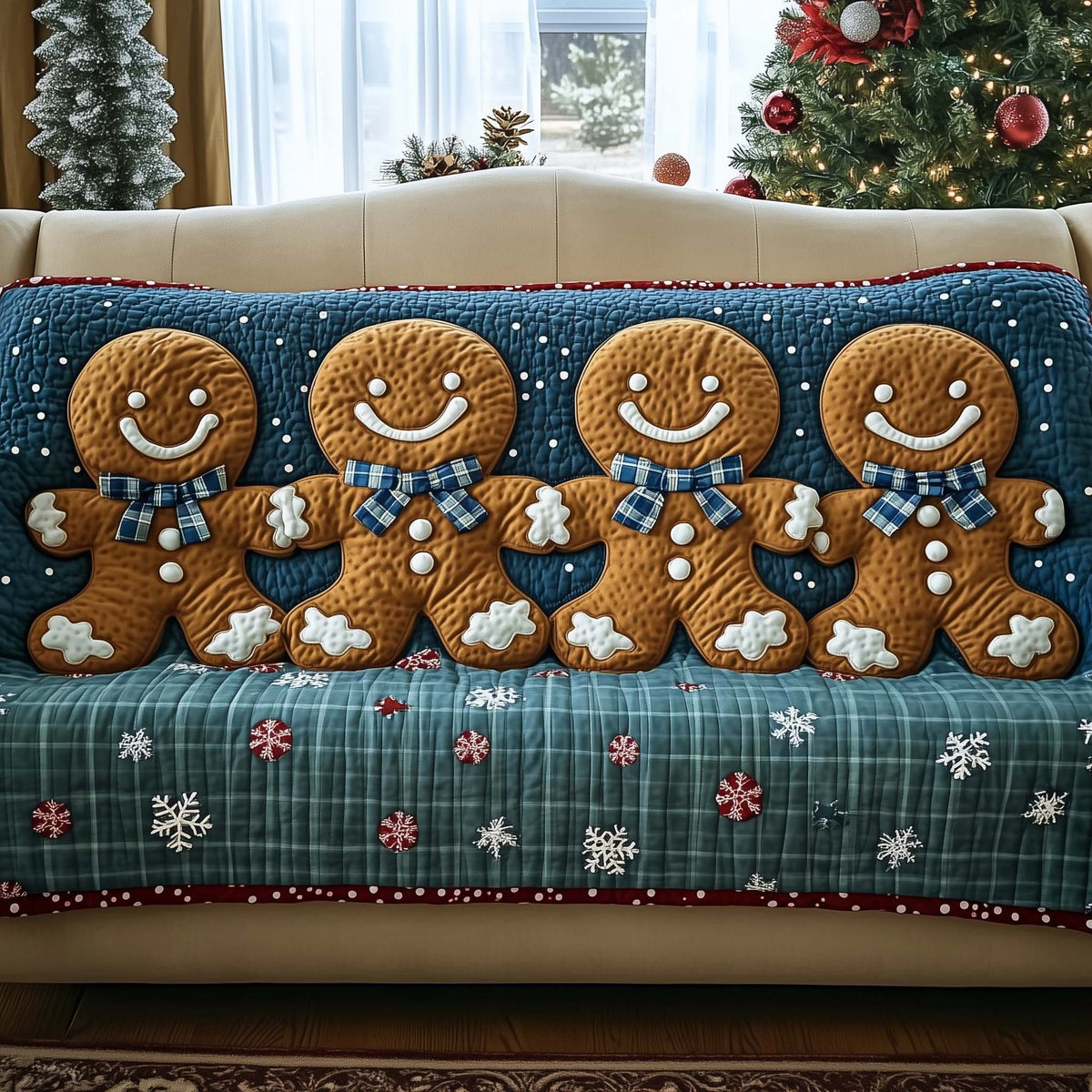 Gingerbread Men on Green Plaid Snowflakes Sofa Cover