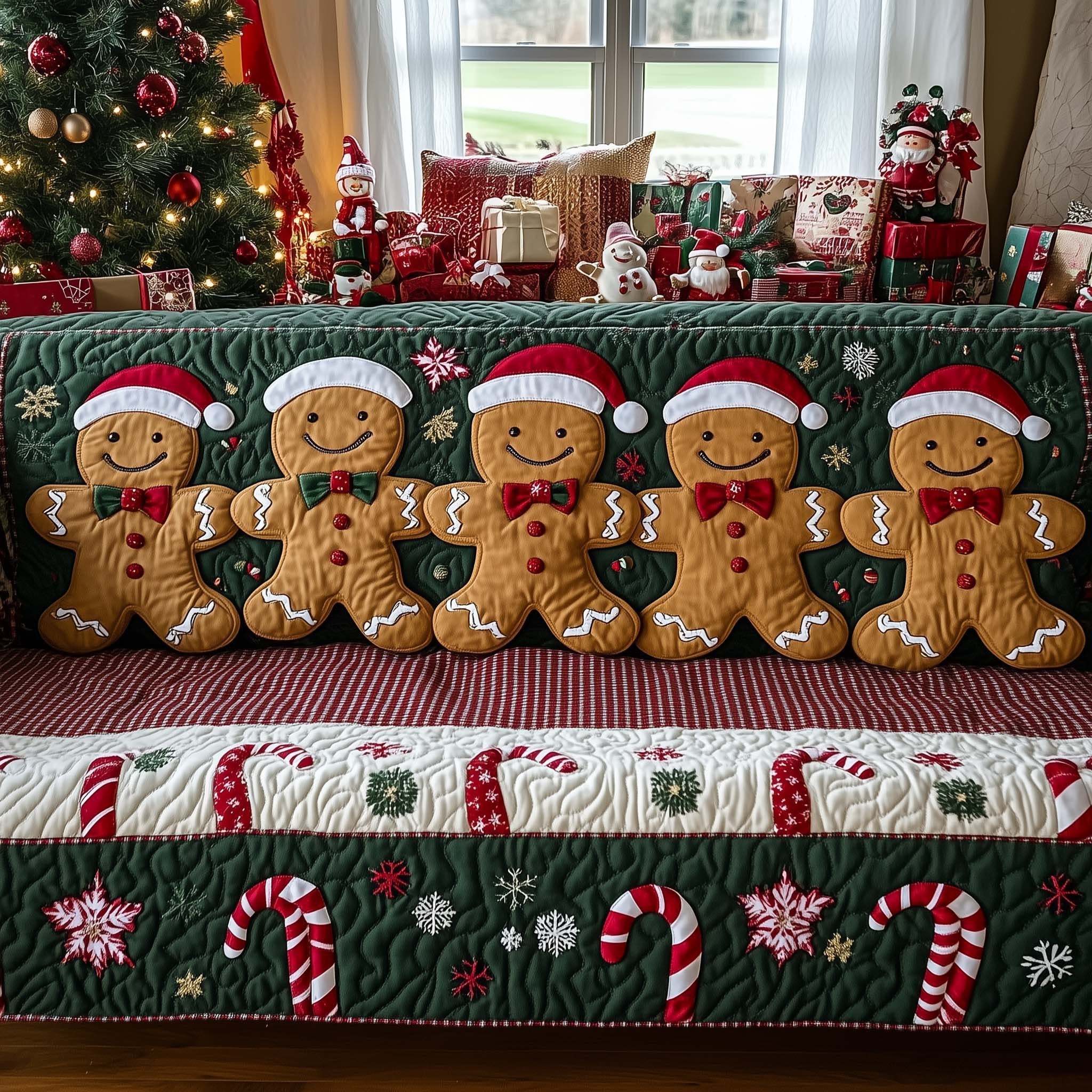 Gingerbread Men in Santa Hats with Candy Canes Sofa Cover