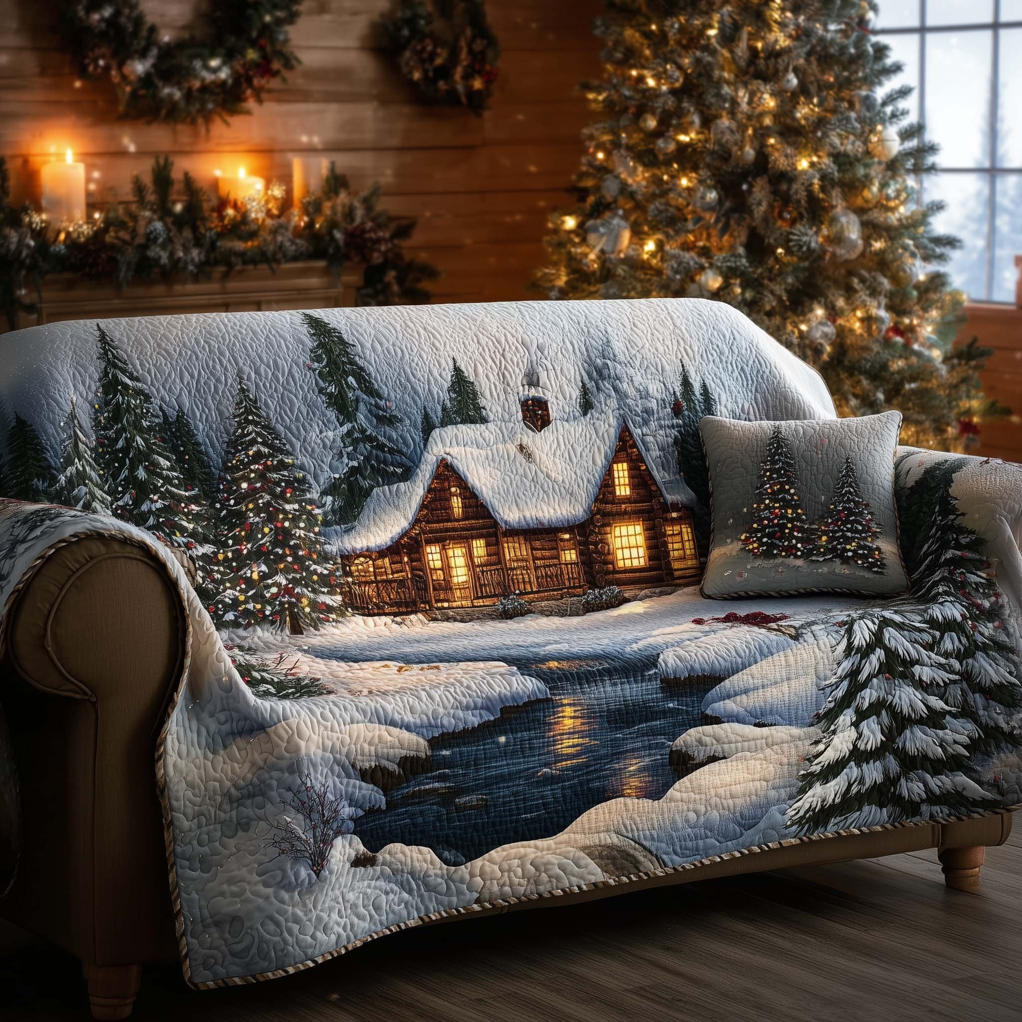 Cabin Reflected in the Frozen Pond Sofa Cover