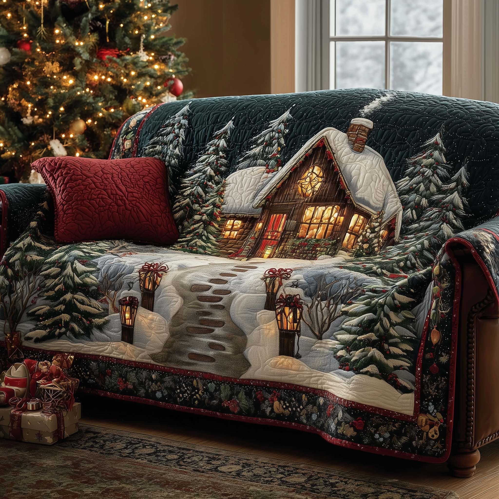 Lantern Lit Path to the Winter Cabin Sofa Cover