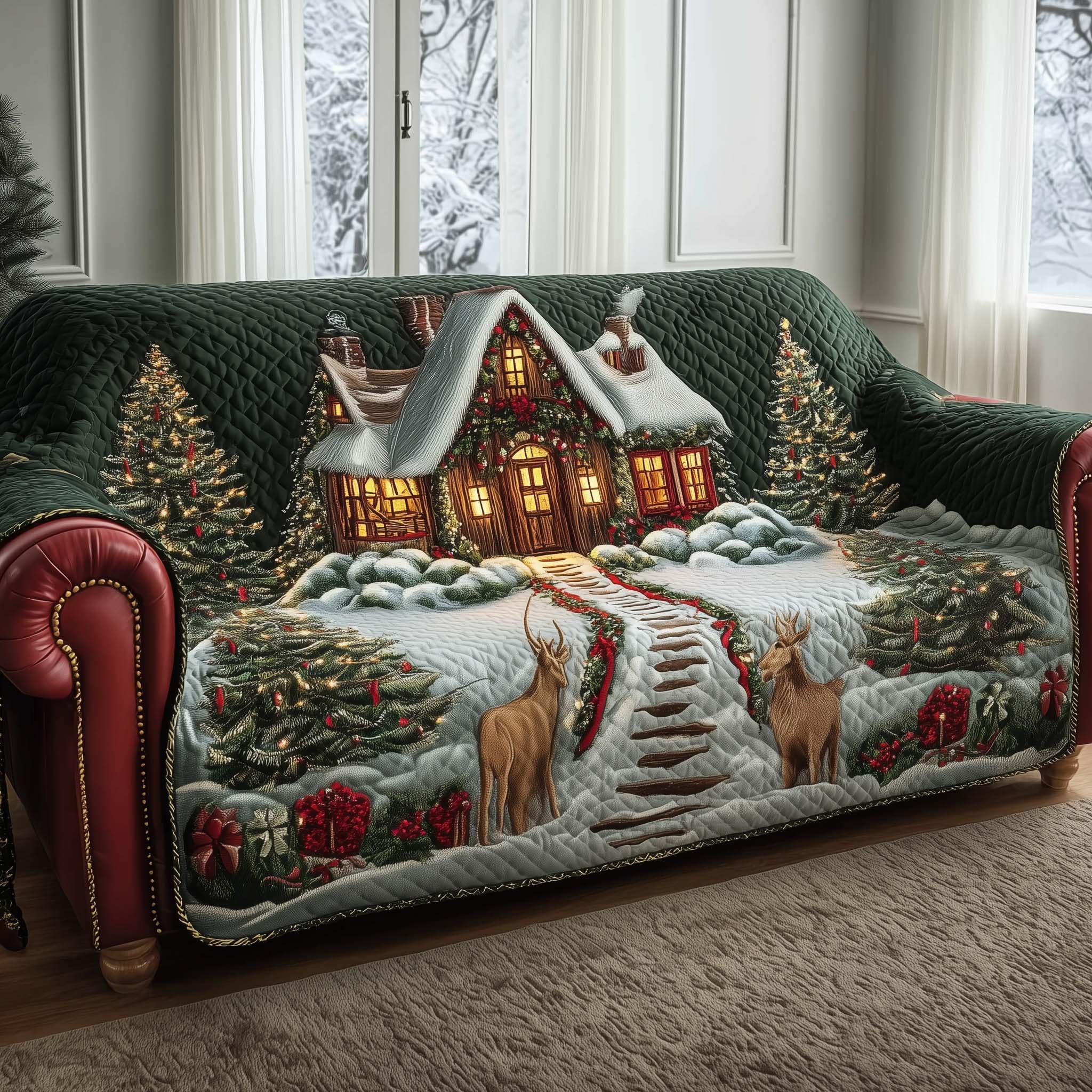 Deer Beside the Cabin and Red Berry Trees Sofa Cover
