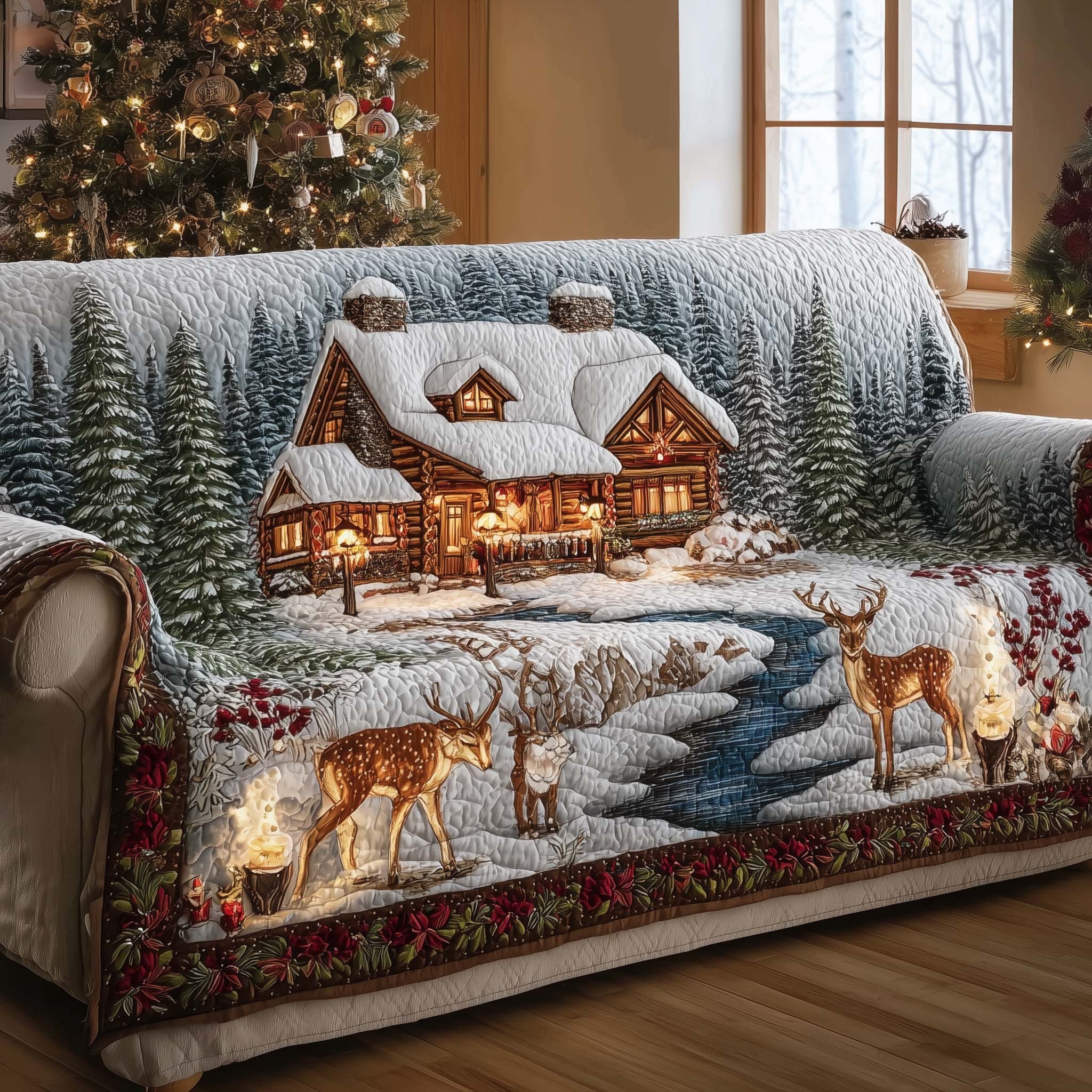Deer at the Creek by the Glowing Cabin Sofa Cover