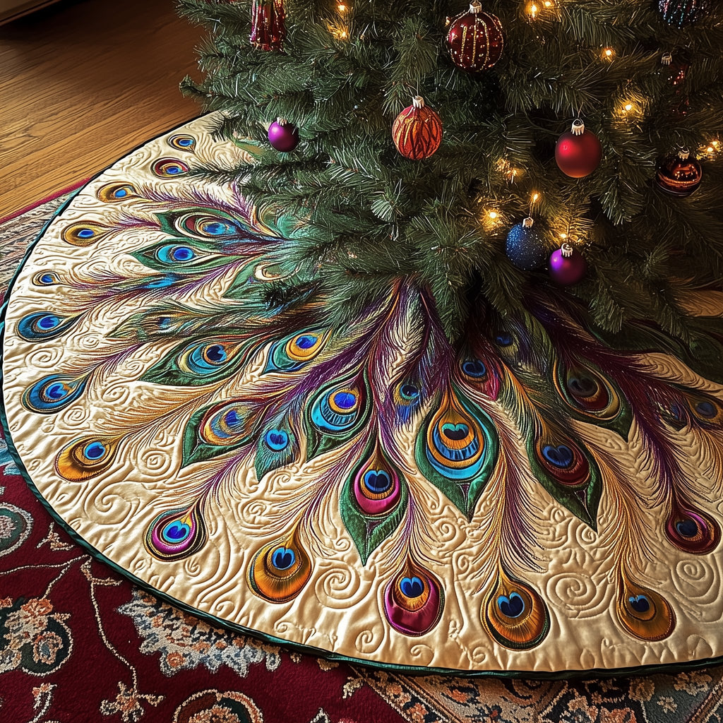 Golden Peacock Plumes with Red Rim Christmas Tree Skirt