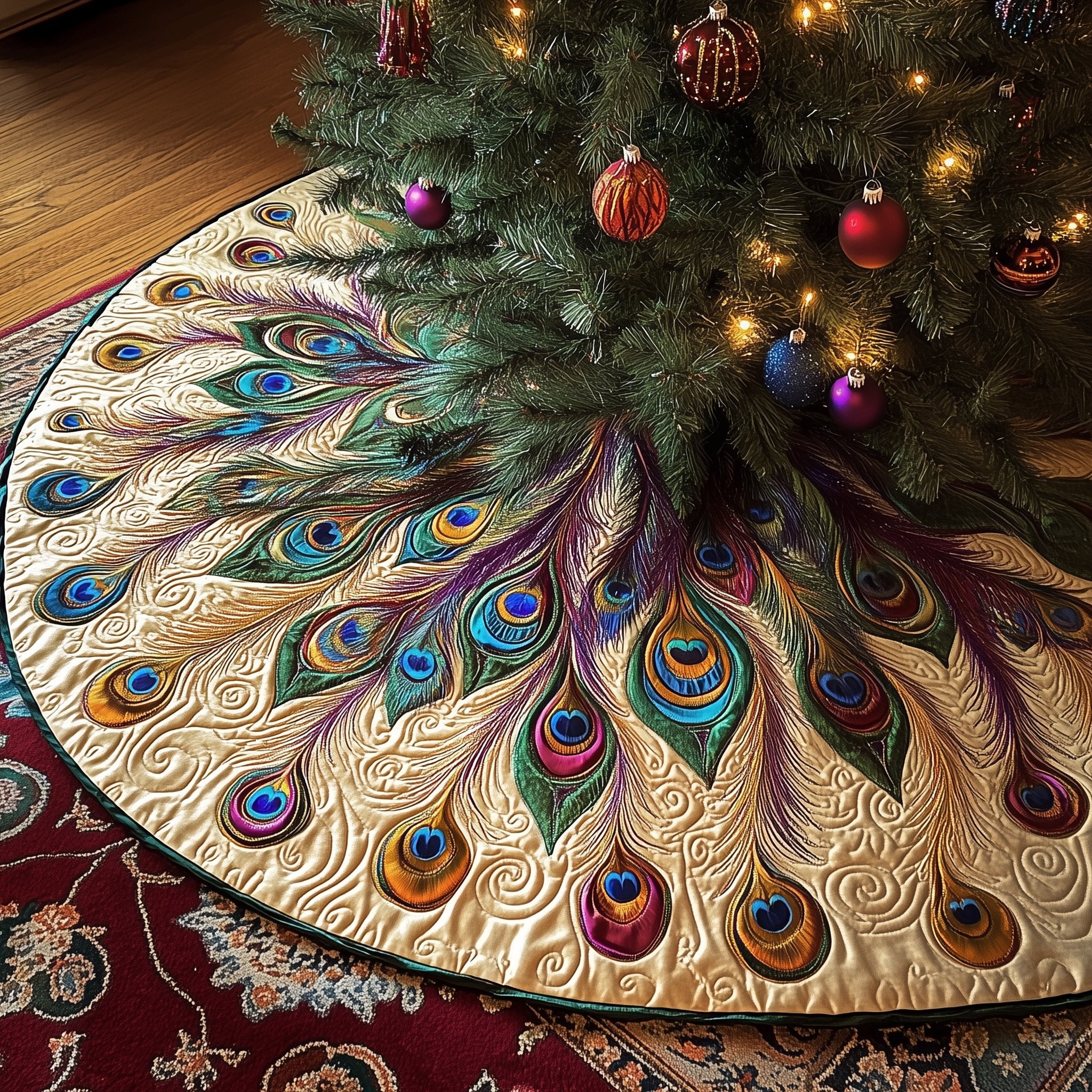 Golden Peacock Plumes with Red Rim Christmas Tree Skirt