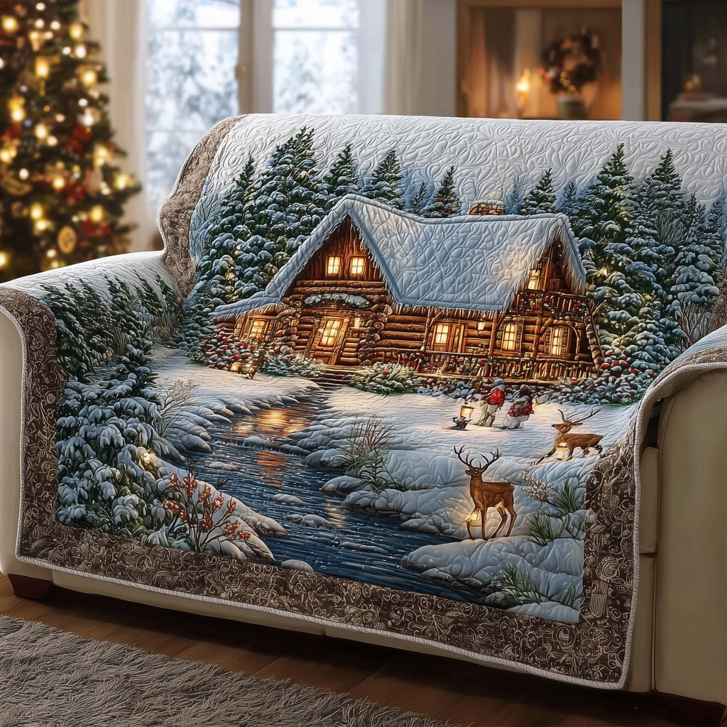 Log Cabin with Deer and a Snowman Sofa Cover