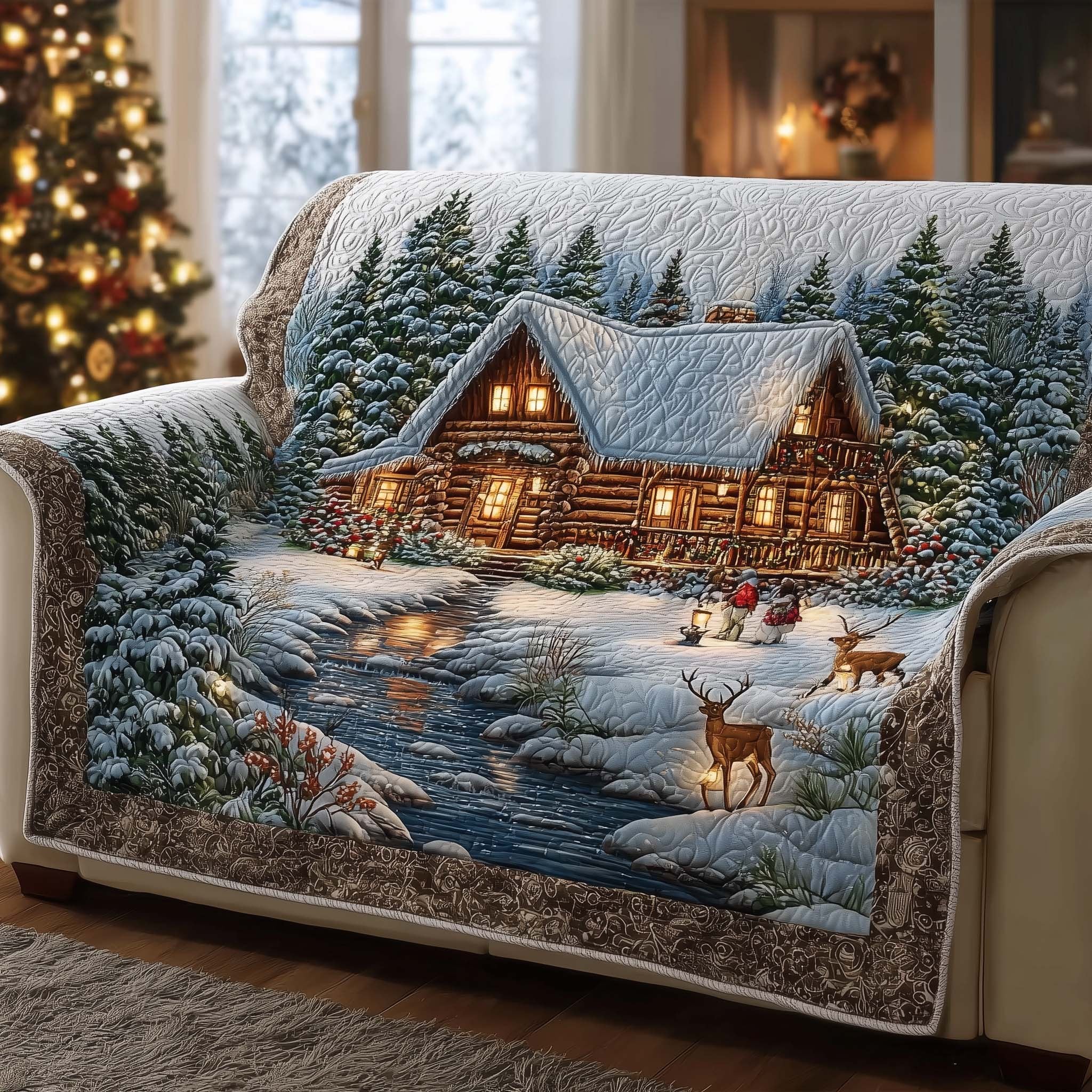 Log Cabin with Deer and a Snowman Sofa Cover