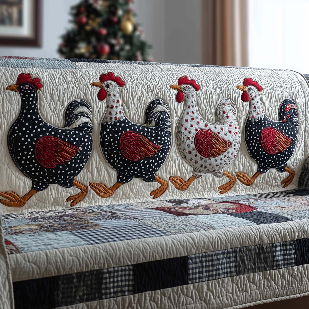 Spotted Hens on Buffalo Check Sofa Cover