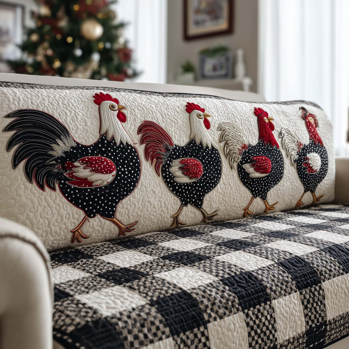 Black Hens on the Checkerboard Border Sofa Cover