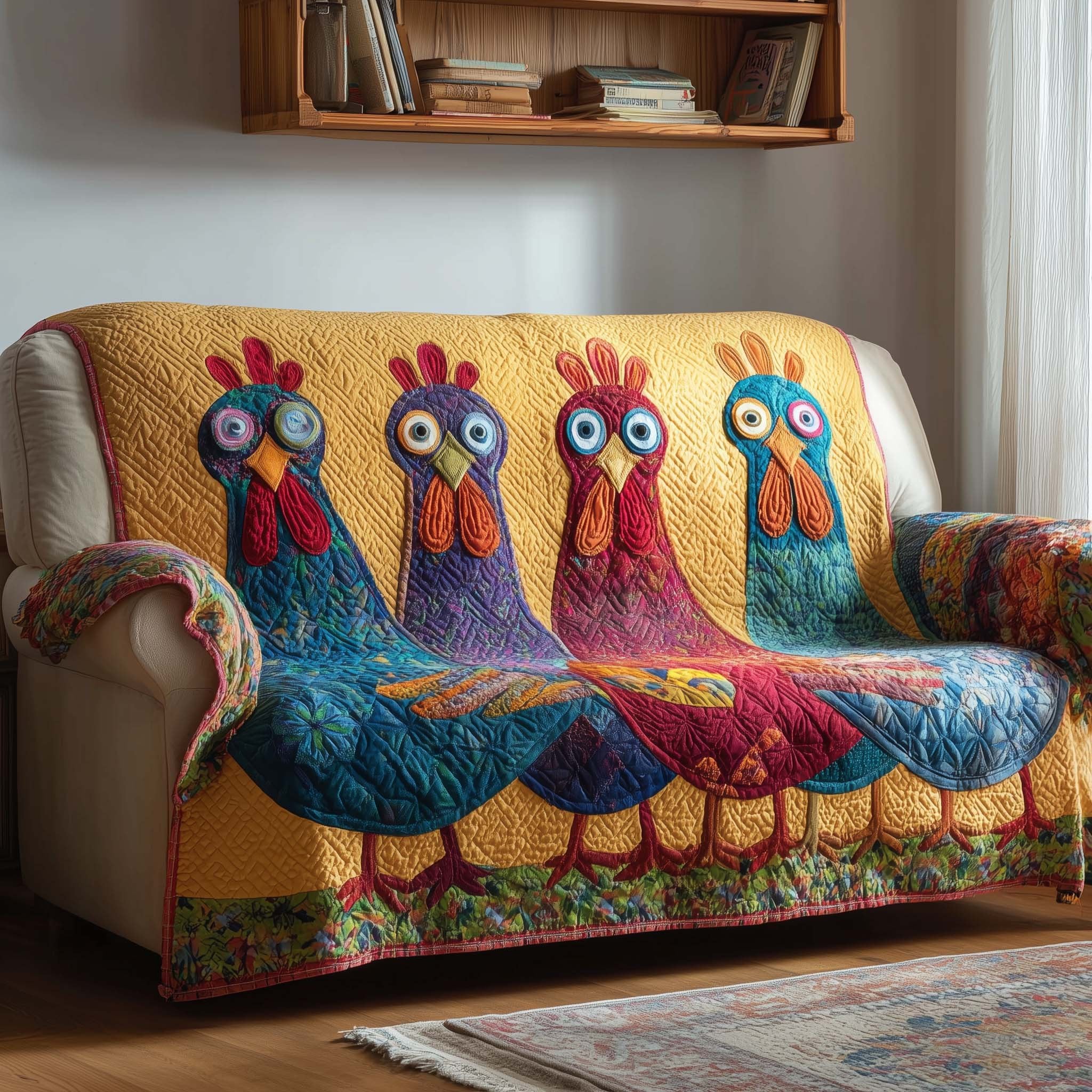 Bright Chickens on Teal and Red Sofa Cover