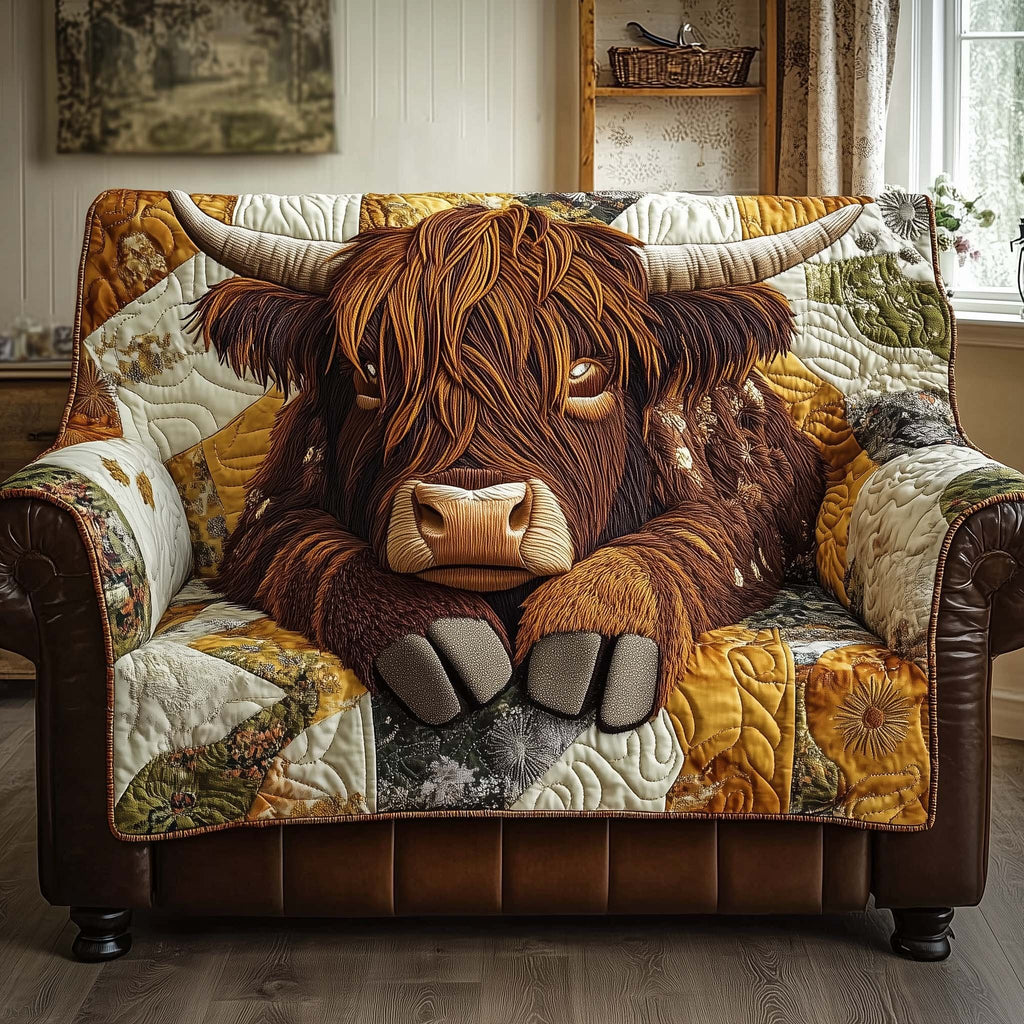 Highland Cow on the Golden Quilt Sofa Cover
