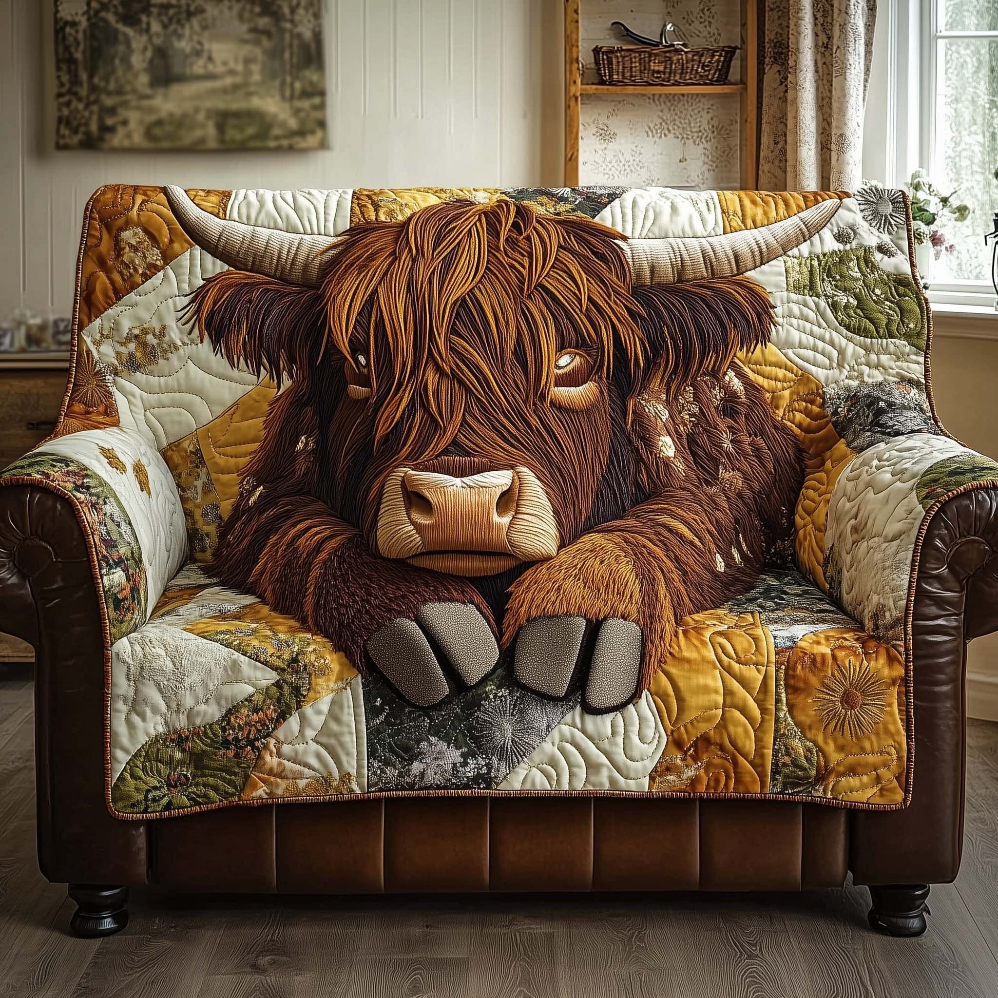 Highland Cow on the Golden Quilt Sofa Cover