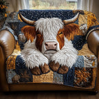 Two Highland Cows on Blue and Gold Blocks Sofa Cover