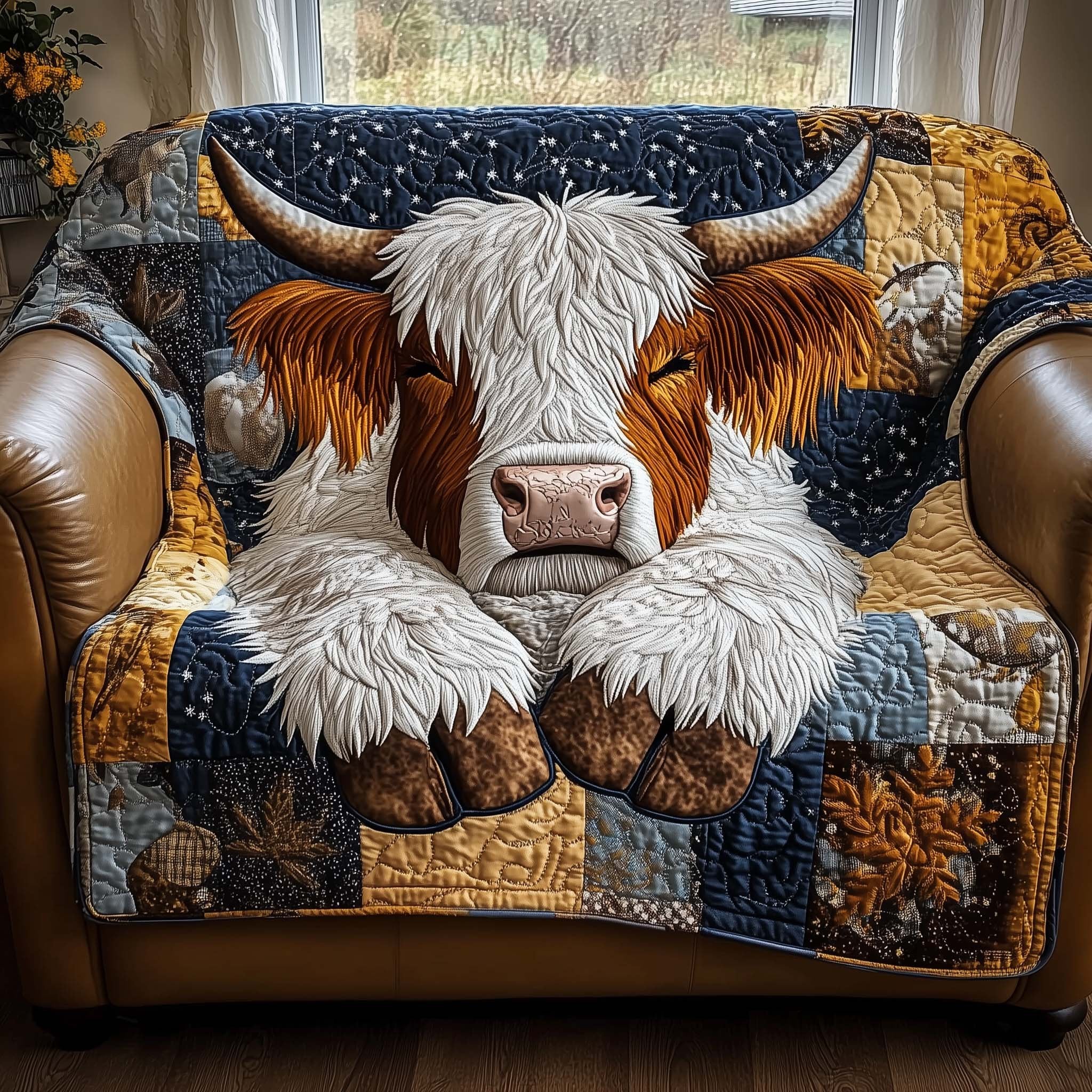Two Highland Cows on Blue and Gold Blocks Sofa Cover