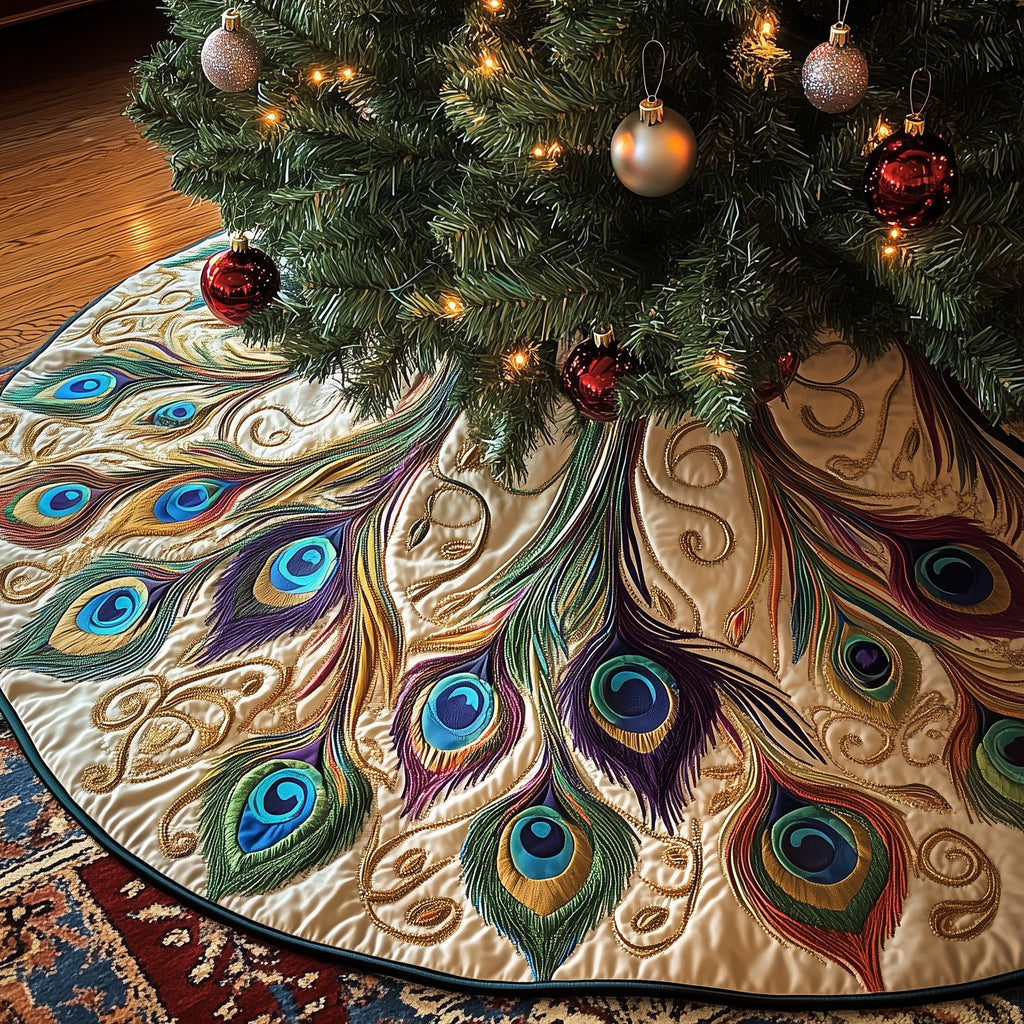 Cream Peacock Plumes with Jewel Eyes Christmas Tree Skirt
