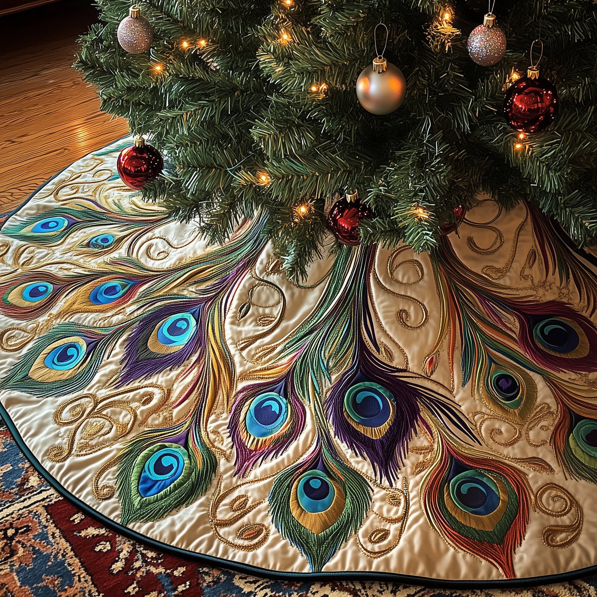 Cream Peacock Plumes with Jewel Eyes Christmas Tree Skirt
