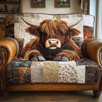 Highland Cow on Tan Patchwork Sofa Cover