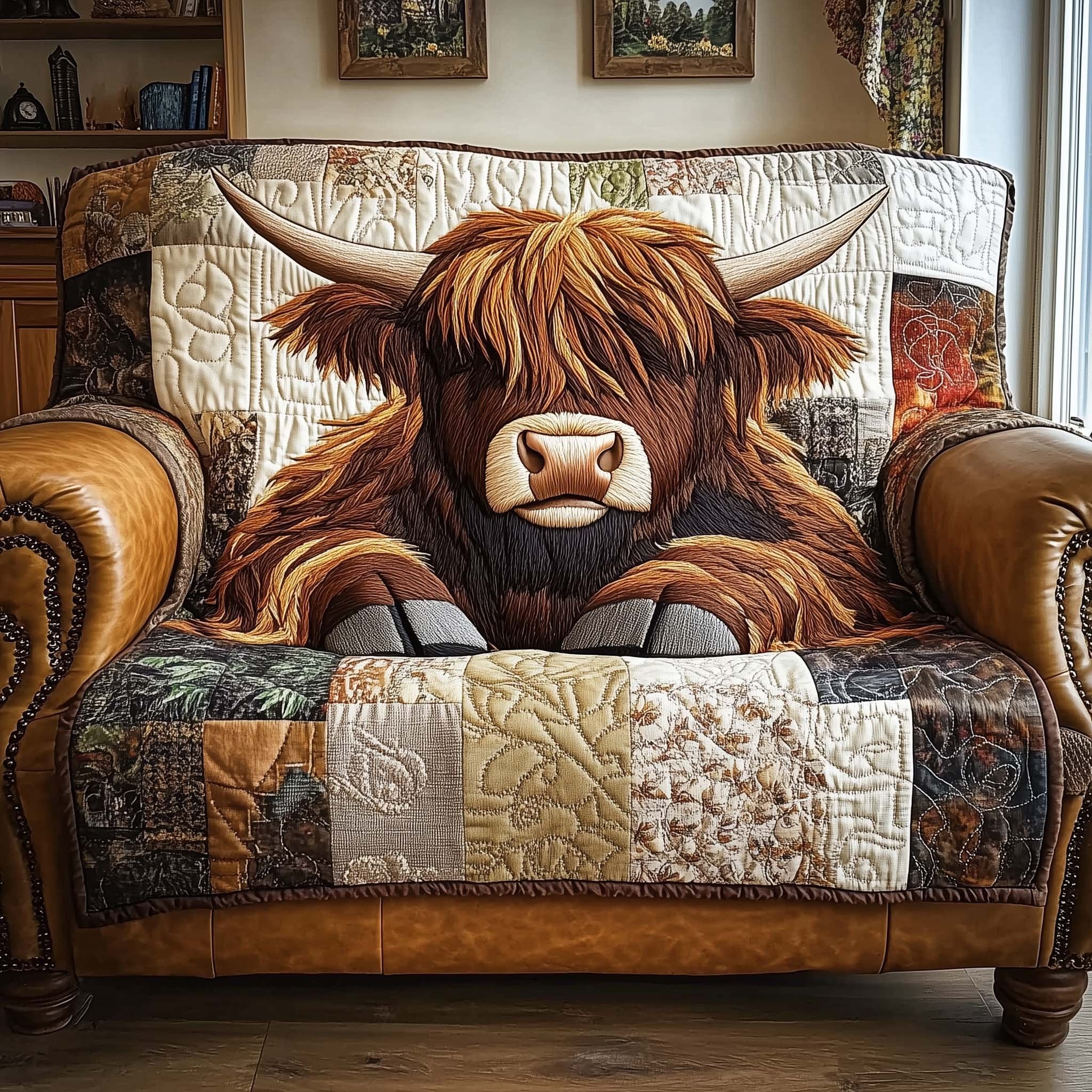 Highland Cow on Tan Patchwork Sofa Cover