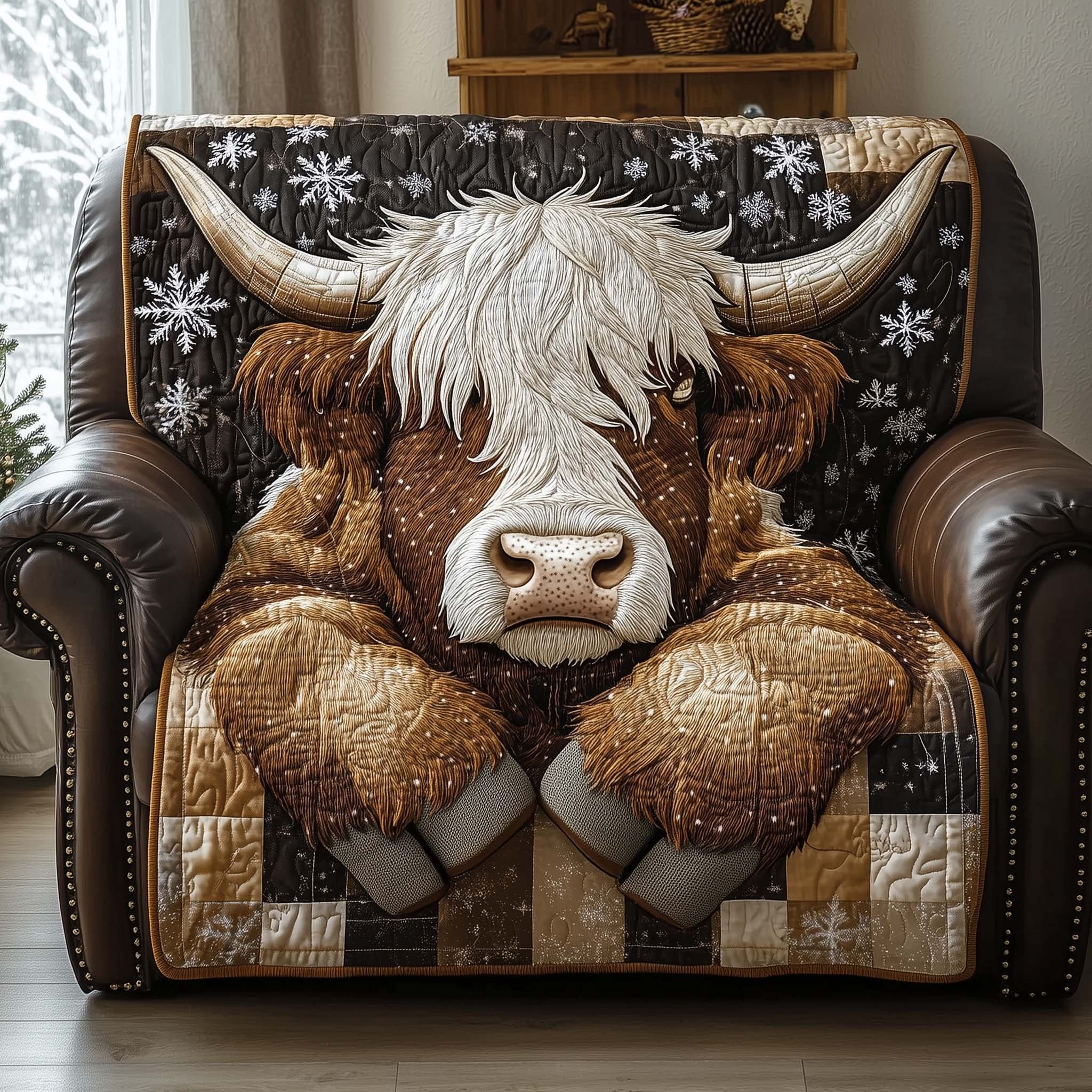 Pale Highland Cow on Cream Squares Sofa Cover