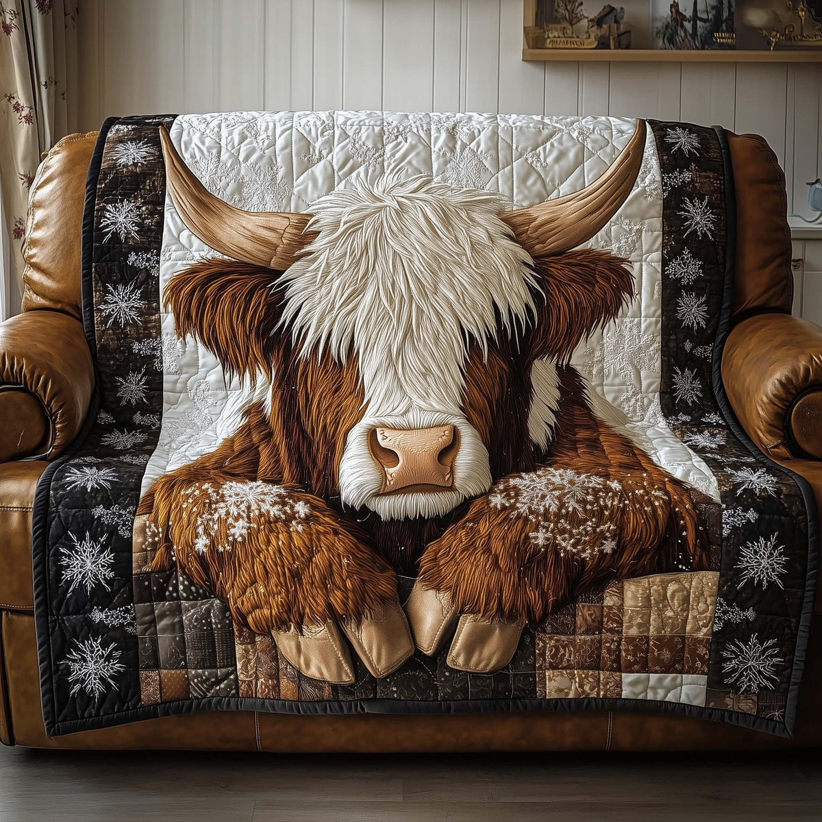 Highland Cow in the Falling Snow Sofa Cover