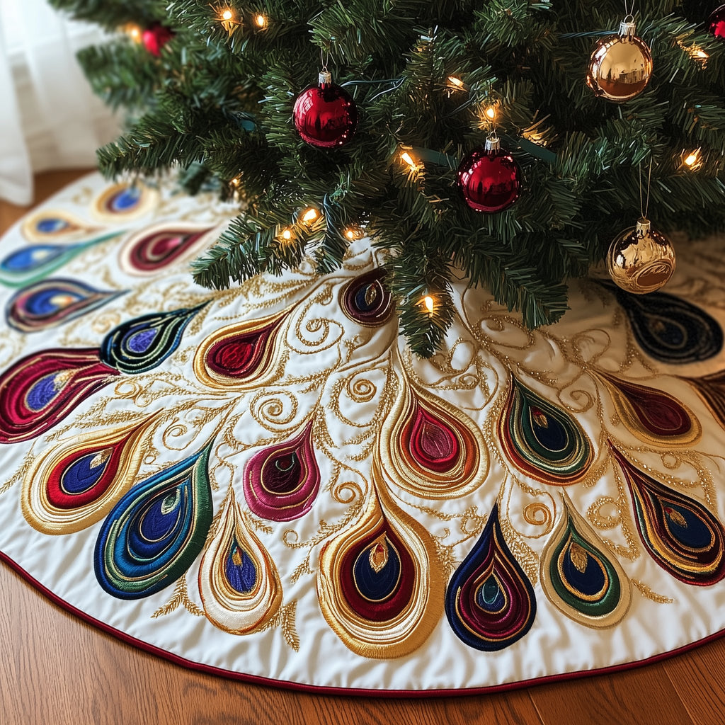 Peacock Plumes with Wine Red Border Christmas Tree Skirt