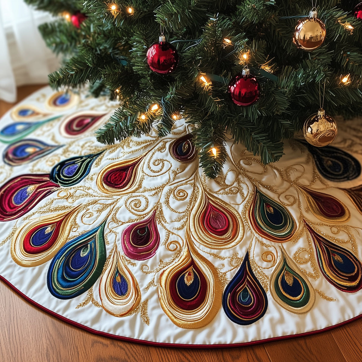 Peacock Plumes with Wine Red Border Christmas Tree Skirt