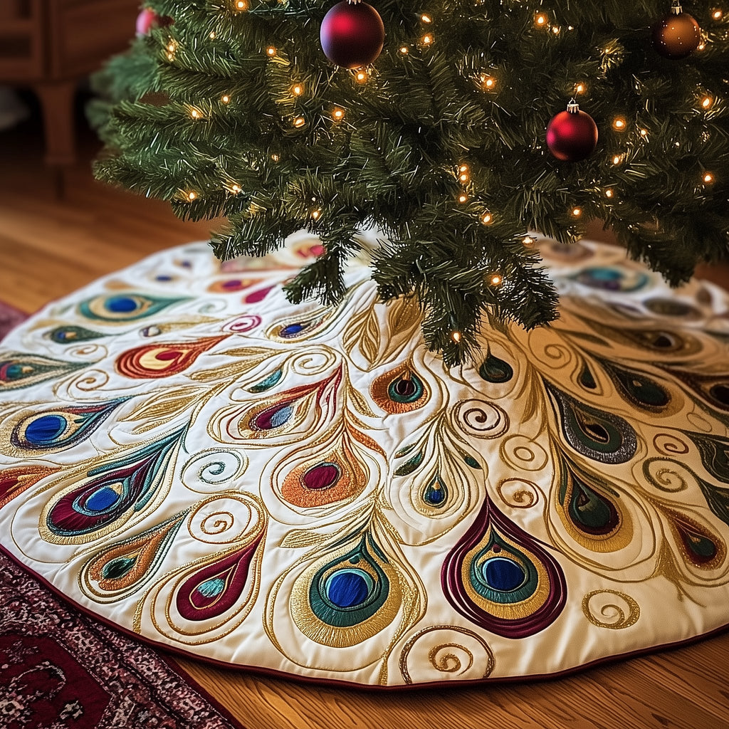 Peacock Plumes in Gold on Ivory Christmas Tree Skirt