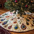 Peacock Plumes in Gold on Ivory Christmas Tree Skirt
