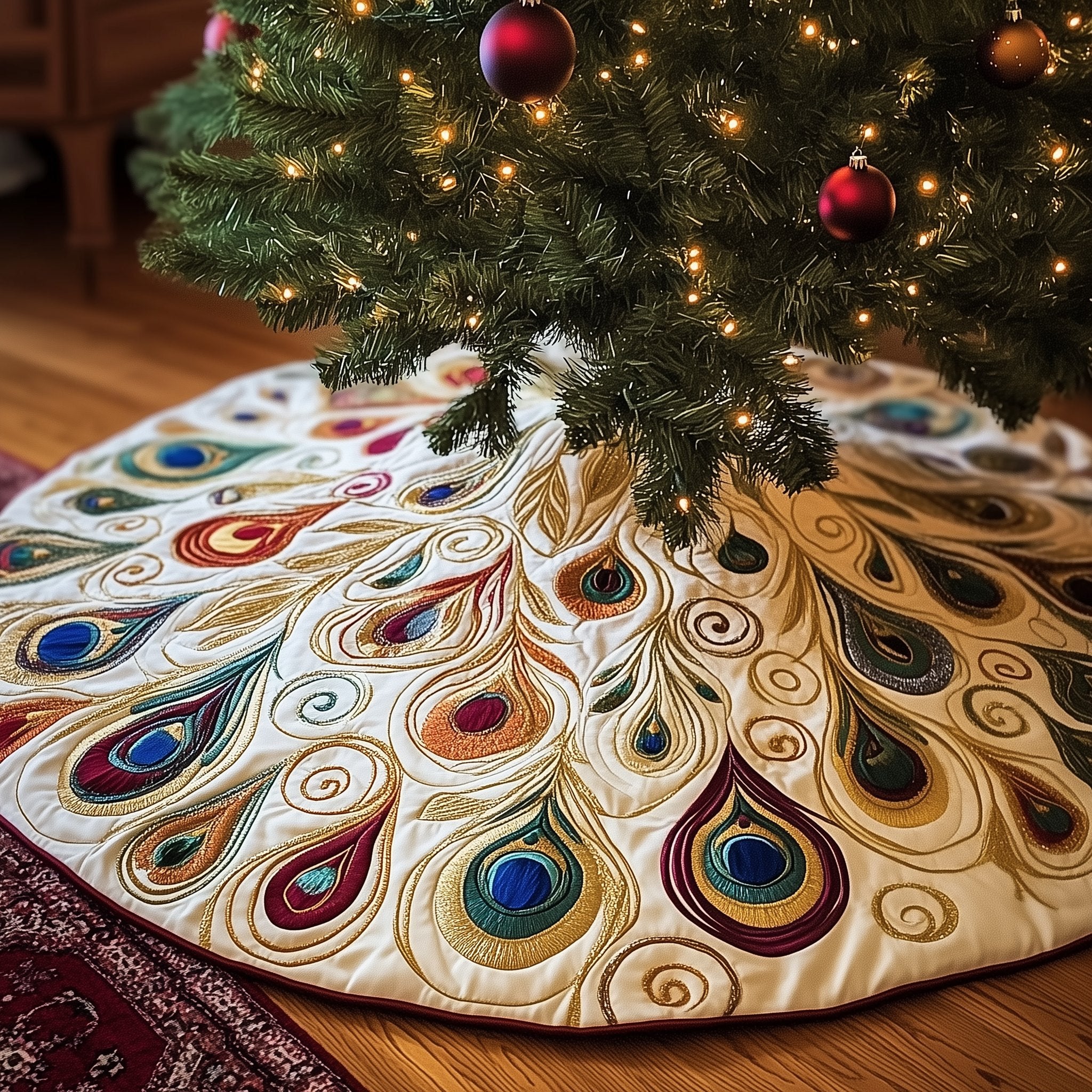 Peacock Plumes in Gold on Ivory Christmas Tree Skirt