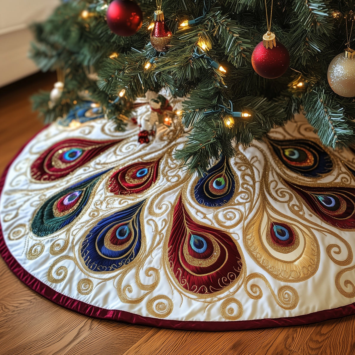Peacock Plumes in Ruby and Sapphire Christmas Tree Skirt