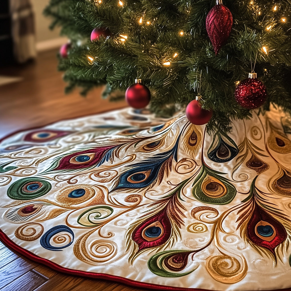 Soft Peacock Plumes on White Christmas Tree Skirt