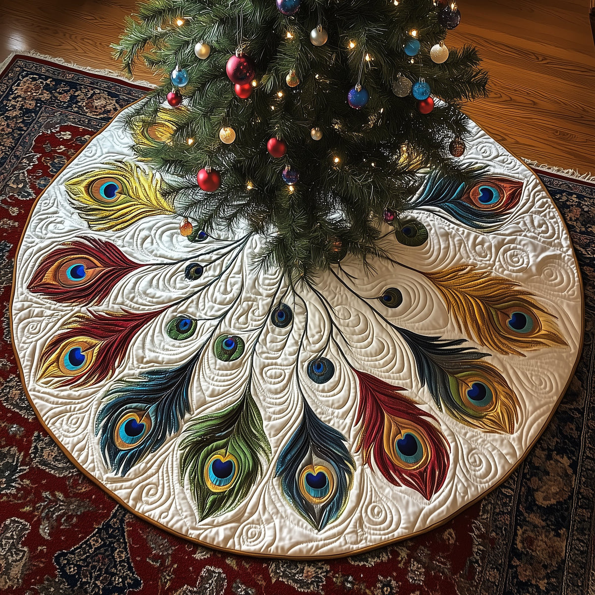 Green Peacock Plumes on White Christmas Tree Skirt