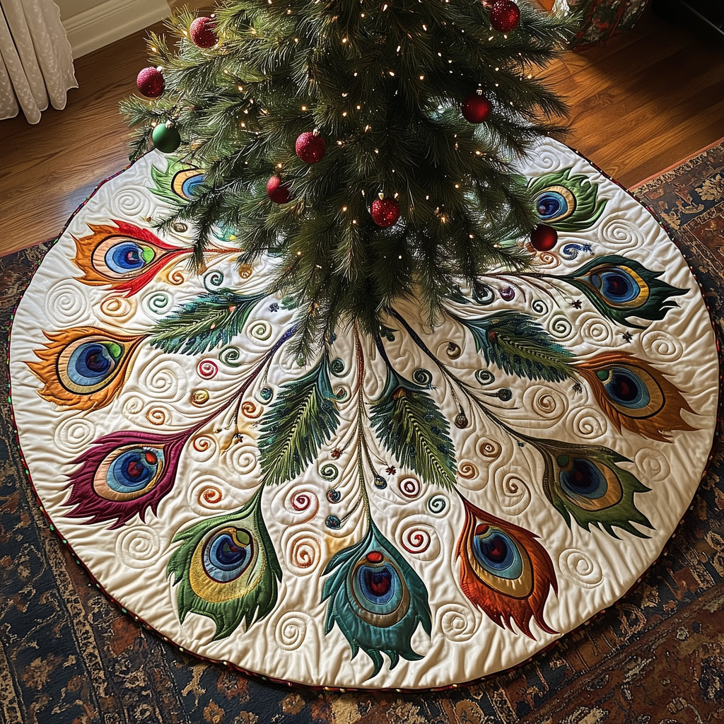 Wide Peacock Fan on Ivory Christmas Tree Skirt