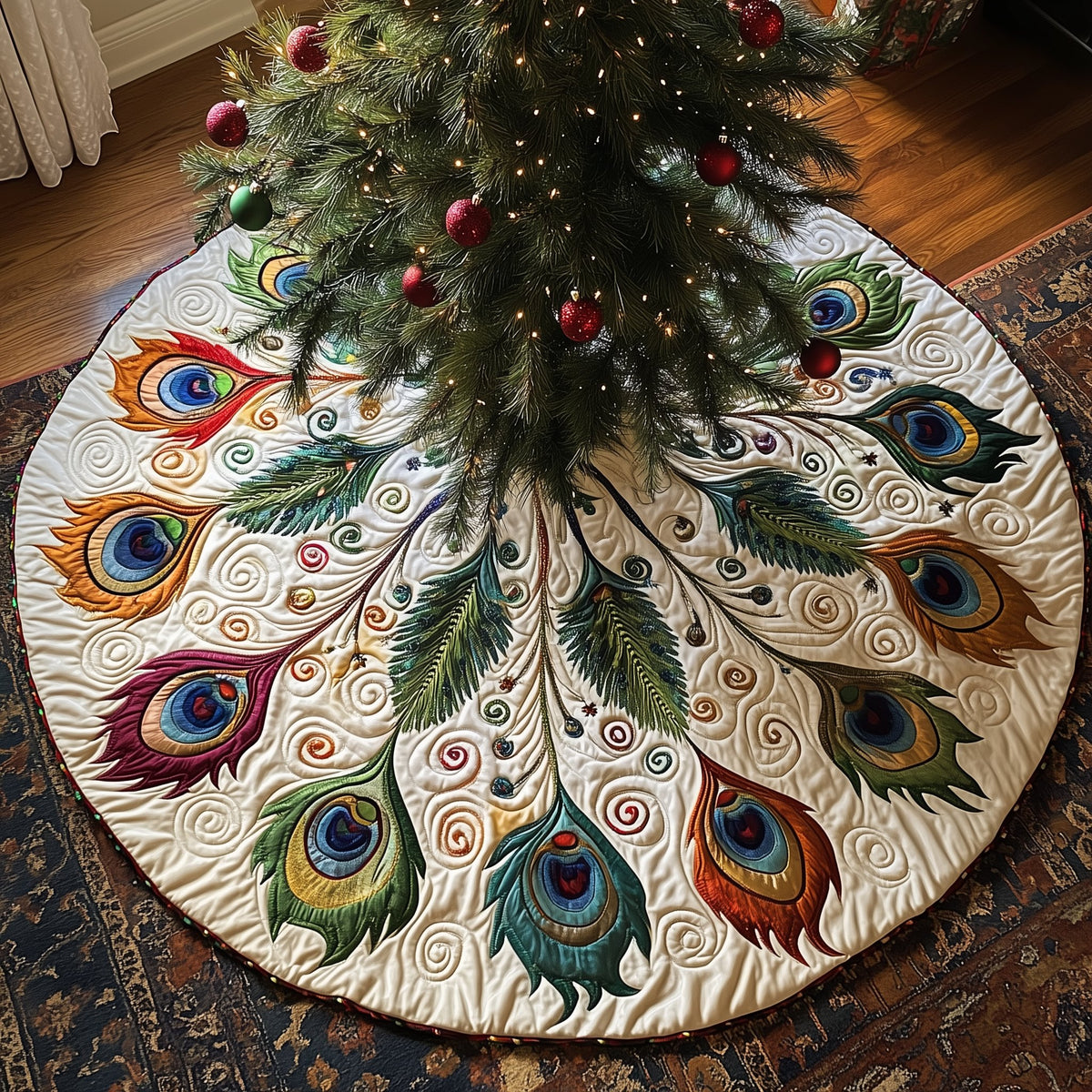 Wide Peacock Fan on Ivory Christmas Tree Skirt