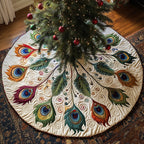 Wide Peacock Fan on Ivory Christmas Tree Skirt