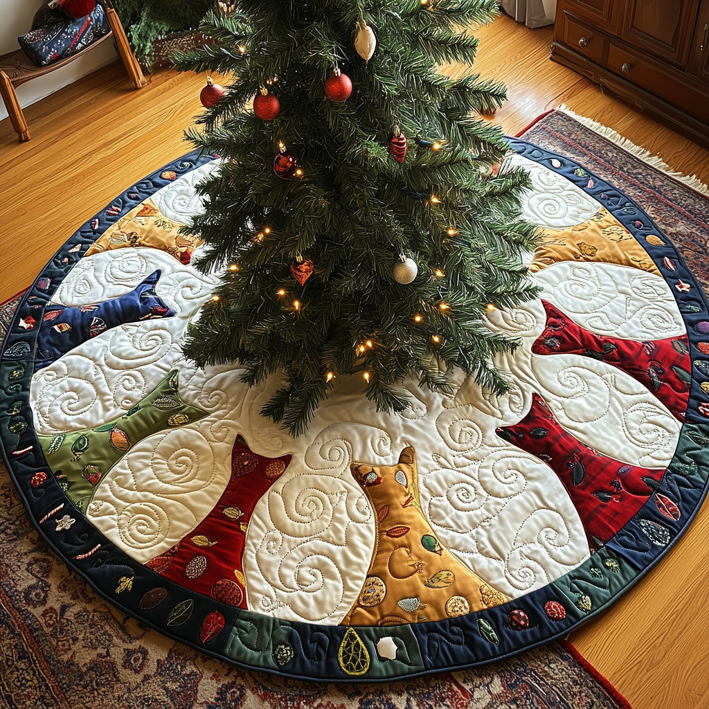 Cat Silhouettes on Cream Swirls Christmas Tree Skirt