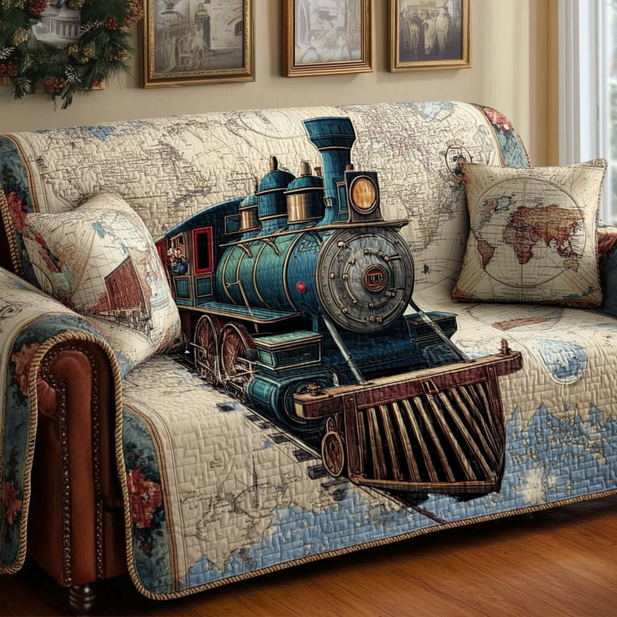 Teal Locomotive on the Old Map Sofa Cover